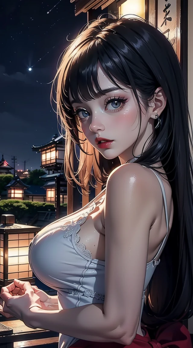 ((masterpiece)),(best quality),((Extremely detailed)), ((Beautiful and detailed sky)), ((Movie Lighting)), Depth of Field, (Dynamic Angle),Detailed lighting,(Beautiful and delicate eyes), ((Japan Night View)),Red lips, Eyeshadow,Large Breasts, (pornography), ((sex)), Split, Umbilical cord, (Nordoff, Hammering a Nail)