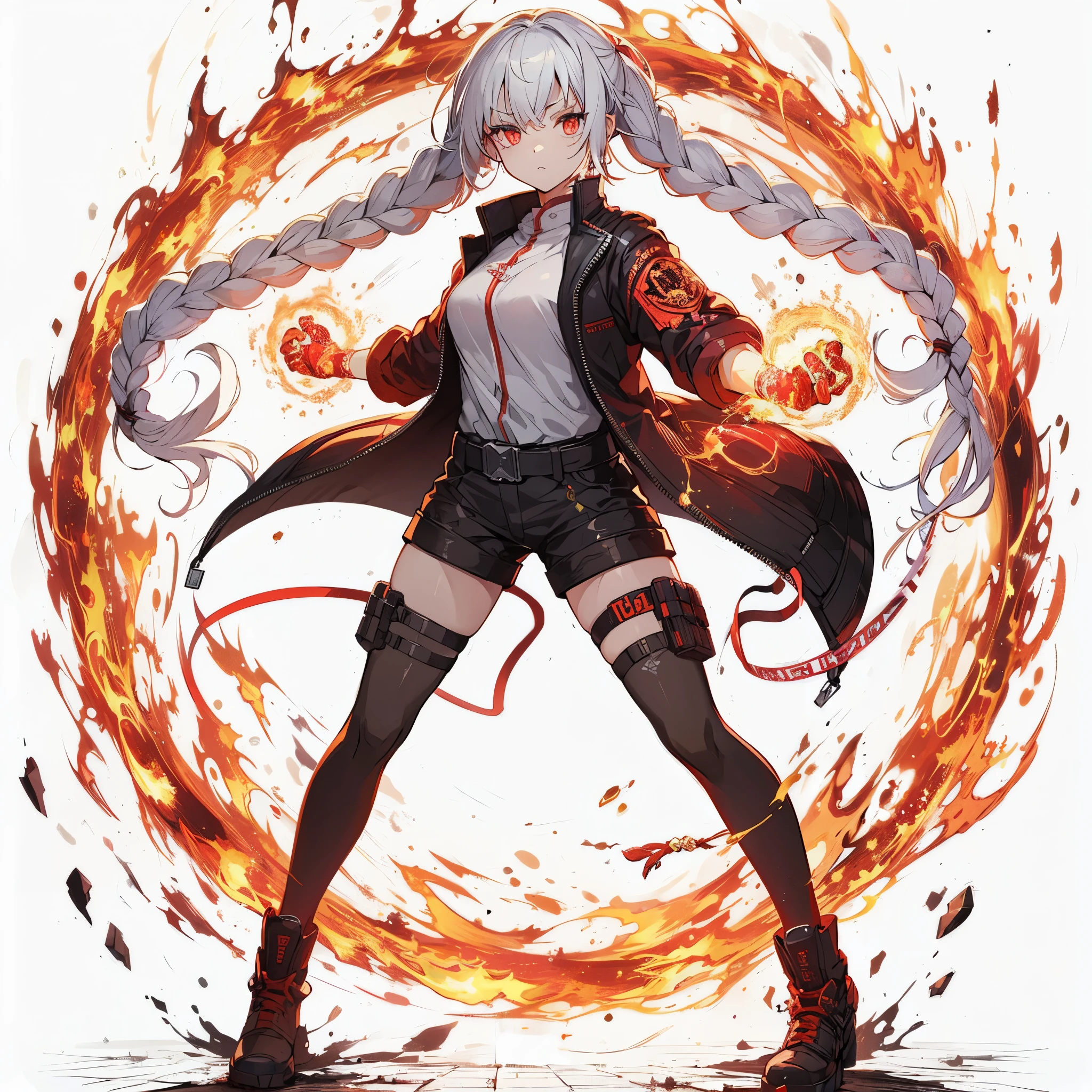 (masterpiece, Best Quality), (detailed hairs), Ultra-detailed, anime like illustration style, Full body, whole body, solo, front view, cute sci-fi agent girl, white hair single braided, tanned skin and red pupils, red spell tattoos on both arms, cyber jacket and stylish agent suit, wears long boots, ultra-massive, muscular, folded arms, KICK BOXER, white background, full body standing, supernatural fire, flame aura, standing on wasted earth. Shouting. burning ring around her.
