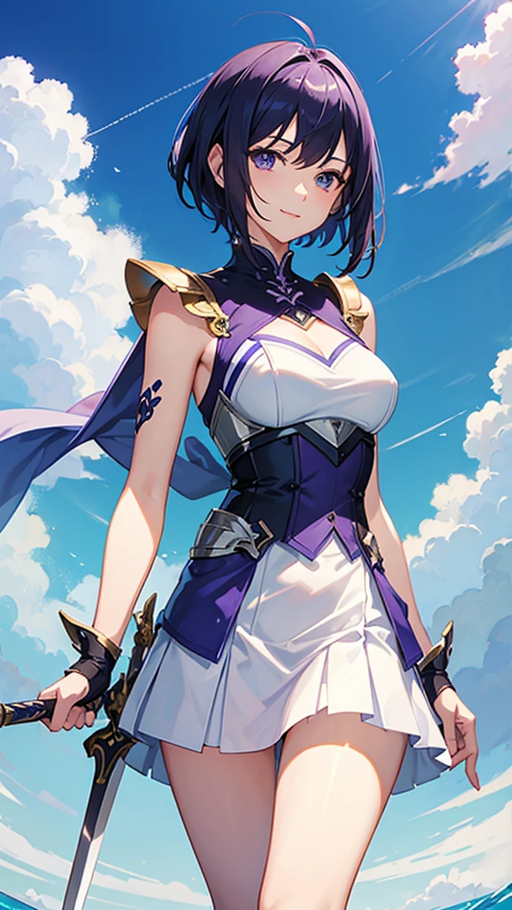 Swordsman　Armor on chest, arms and waist　Purple short hair　A short, fluttery white and blue miniskirt　Sleeveless white and blue outfit　　sword on waist　Neat and beautiful　smile　