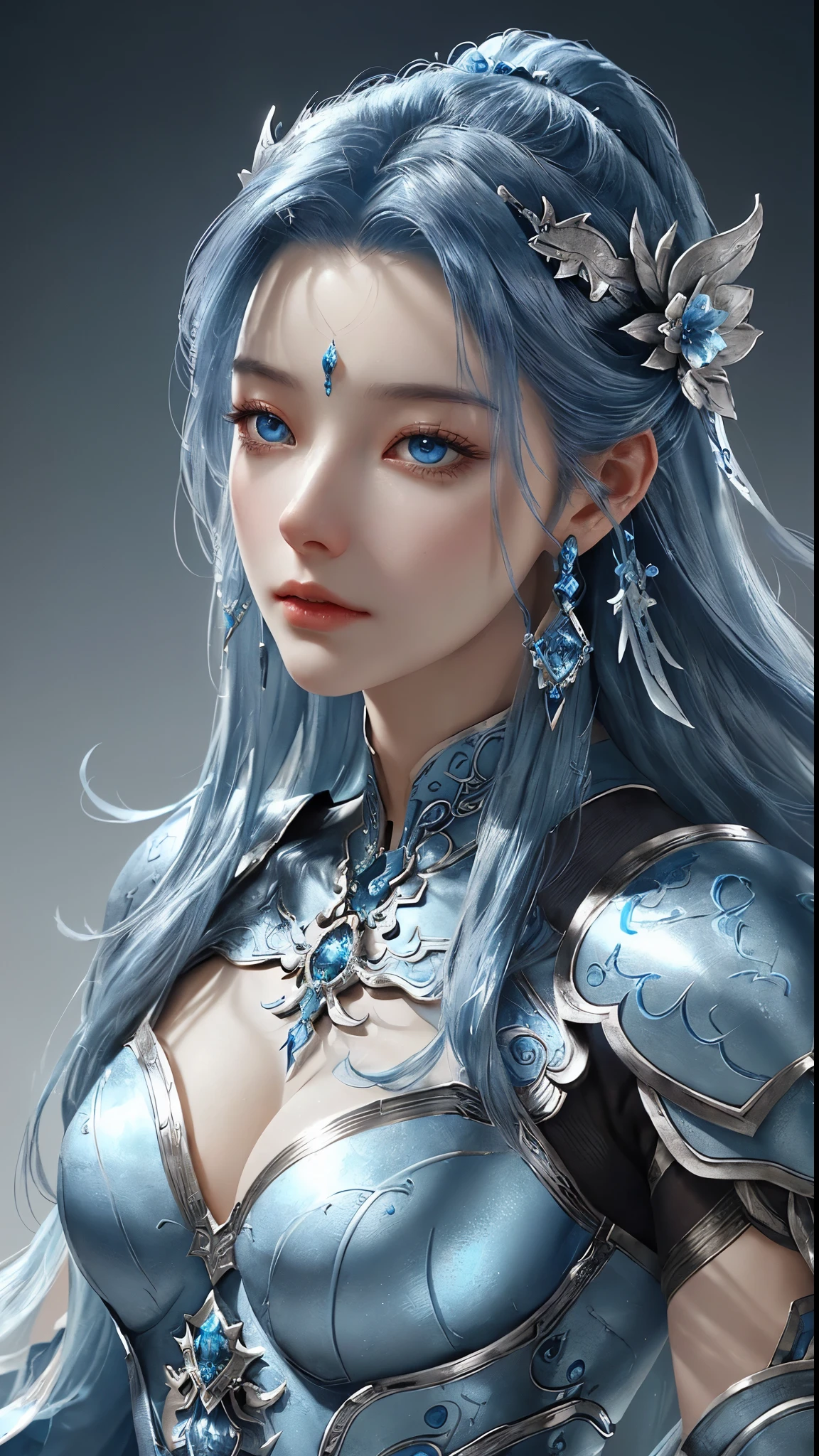 Close up of woman in silver and blue dress, Pan Chengwei on artstation, author:Yang J, Detailed fantasy art, Stunning character art, Fan Art Best Artstation, Epic and beautiful character art, Beautiful armor, Extremely detailed Artgerm, Detailed digital anime art, artstation pixiv download artgerm, Armor Girl