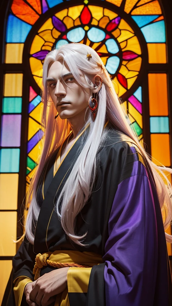 A stained glass window of a man with long white hair and red tips with one purple eye and the other orange wearing a moon earring and a sun earring and wearing a black and yellow anime style kimono