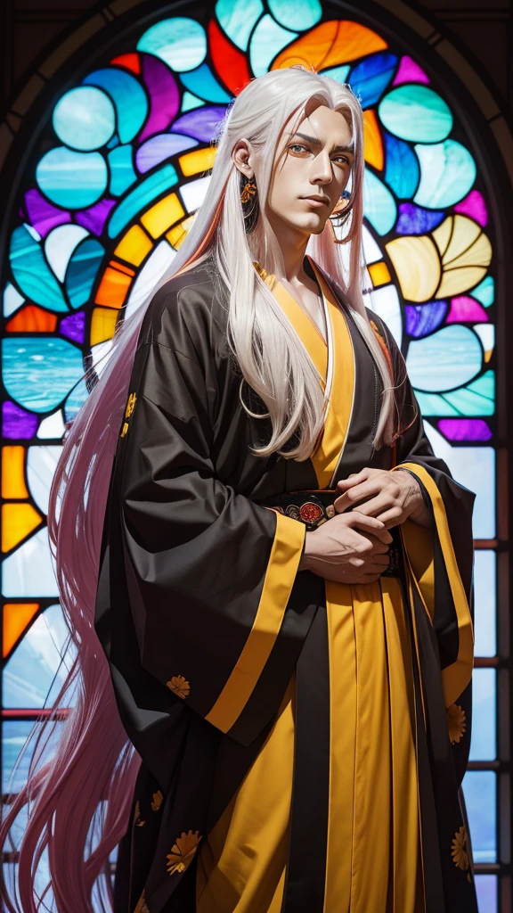 A stained glass window of a man with long white hair and red tips with one purple eye and the other orange wearing a moon earring and a sun earring and wearing a black and yellow anime style kimono