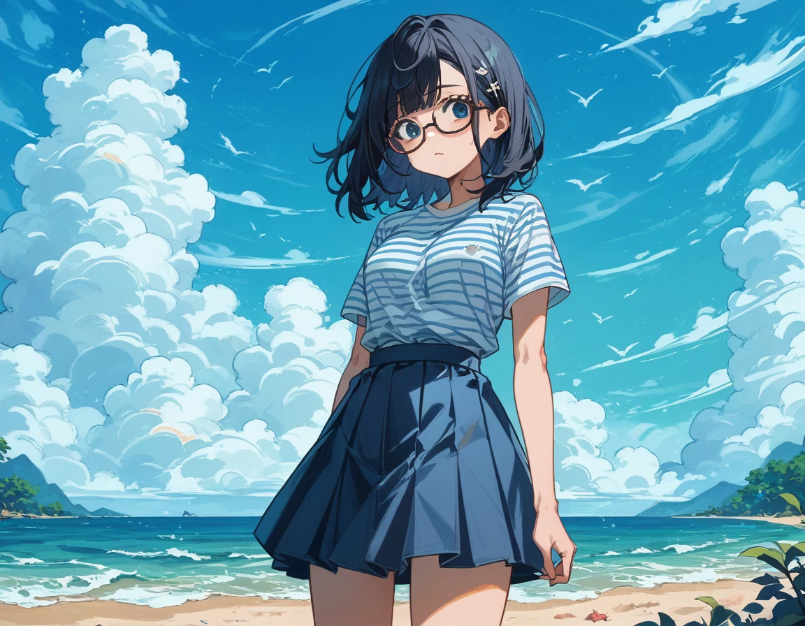  sticking to the shirt、Her breasts are visible through her blue and white striped shirt、Blue flared skirt、She lifts her skirt to reveal her cute white lace underwear、Girl with long black hair and glasses、whole body、Sandy beach and blue sky