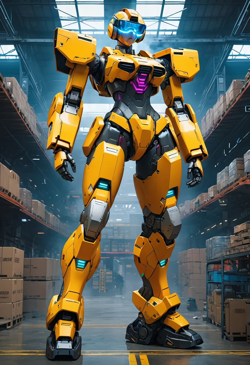(8k, best quality, masterpiece, ultra highres, ultra-detailed:1.2),,future technology, cyberpunk-style ,electronic ,Warehouse, giant female robot,standing with legs apart,mannequin face,mecha body,goggles, mechanical arm,colored smoke,