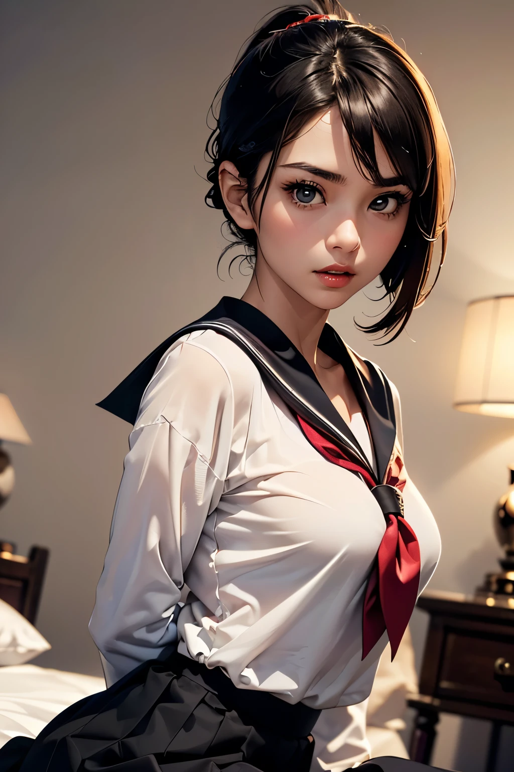 (One girl:1.3, alone), (Very cute and beautiful Japanese women), (Sexy Girls), (Professional attire:1.3), (22 years old: 1.1), (From below:1.3), (Low - Angle:1.3), (Ground level shot:1.3), (Top girl:1.3), (Arms behind your back、Between the legs:1.3), (Attractive random poses:1.3), (Queen Room:1.3), (Staring at you:1.3), break, (Bobble Ponytail:1.3), (光沢のある黒いthin髪:1.2), bangs, Dark brown eyes, Beautiful Eyes, Princess Eyes, (Big eyes:1.3), bangs, Hair between the eyes, short hair:1.3, (thin:1.1), (Small～Mid-chest:0.95), (thinウエスト: 1.15), (Detailed beautiful girl: 1.4), Lips parted, Red lips, Full makeup face, (Glowing Skin), ((Perfect female body)), (Upper body image:1.3), Perfect Anatomy, Perfect Proportions, (The most beautiful face of Korean actresses:1.3, The face of a very cute and beautiful Japanese actress:1.3), break, (Show Viewer, Wearing a  uniform, (Very detailed sailor shirt with collar:1.3, Long sleeve:1.3), (Black Box Skirt:1.3), Detailed clothing, break, (詳細な上品なQueen Roomの背景:1.2), (Dark Background), (Studio Soft Lighting: 1.3), (Fake lights: 1.3), (Backlight: 1.3), break, (Realistic, Realistic: 1.37), (masterpiece, Highest quality: 1.2), (Ultra-high resolution: 1.2), (RAW Photos: 1.2), (Sharp focus: 1.3), (Face Focus: 1.2), (Ultra High Definition CG Integrated 8K Wallpaper: 1.2), (Beautiful Skin: 1.2), (Pale skin: 1.3), (Hyper Sharp focus: 1.5), (Ultra Sharp focus: 1.5), (Beautiful pretty face: 1.3), (Highly detailed background, Detailed Background: 1.3), Ultra Realistic Photo, Ultra-sharp images, Hyper-detail image,