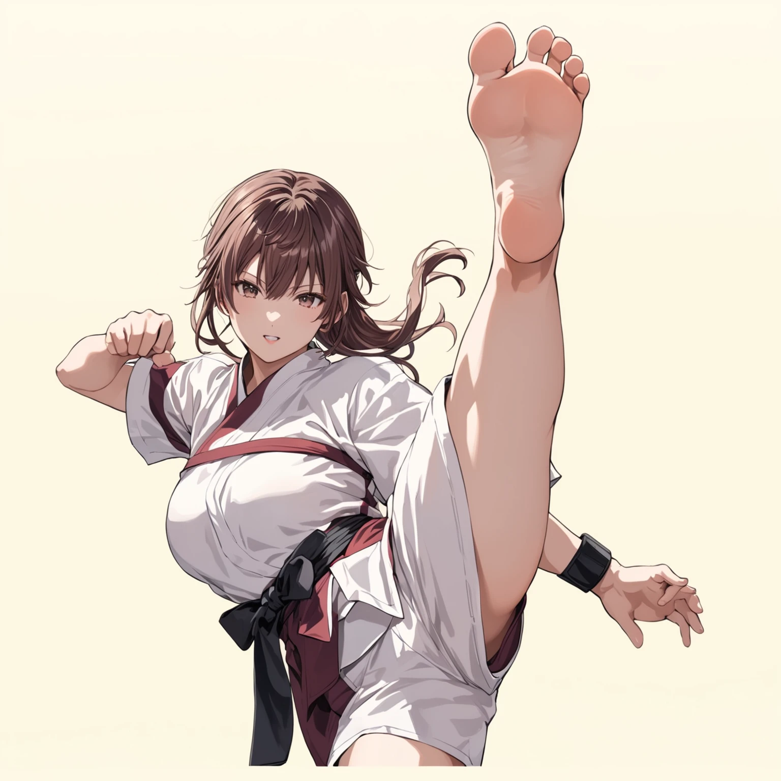 (in style of Takeshi Obata:1.3), suou yuki, brown hair, wearing karate uniform with short sleeves, wearing sports shorts, standing on one leg, high kick, barefoot, accurate foot, accurate hands, barehands, fighting pose, martial arts, in a dojo, perfect proportions, full body portrait of a girl, (best quality,8K,high resolution,ultra-detailed,masterpiece)