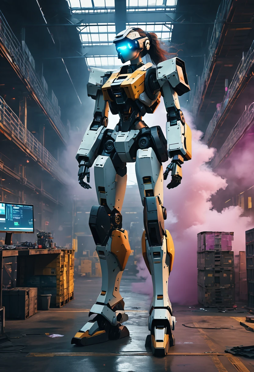 (8k, best quality, masterpiece, ultra highres, ultra-detailed:1.2),,future technology, cyberpunk-style ,electronic ,Warehouse, giant female robot,standing with legs apart,mannequin face,mecha body,goggles, mechanical arm,colored smoke,