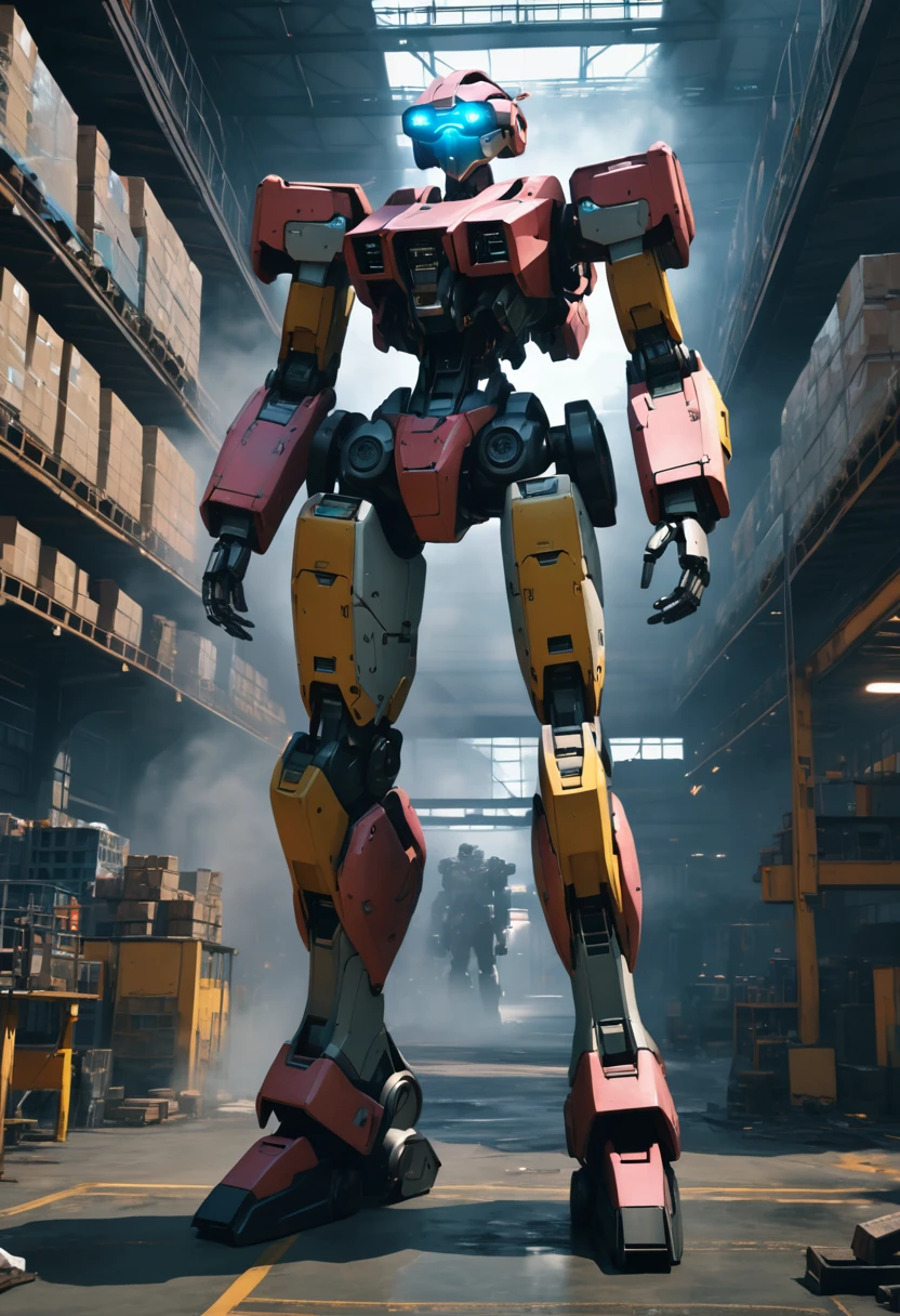 (8k, best quality, masterpiece, ultra highres, ultra-detailed:1.2),,future technology, cyberpunk-style ,electronic ,Warehouse, giant female robot,standing with legs apart,mannequin face,mecha body,goggles, mechanical arm,colored smoke,