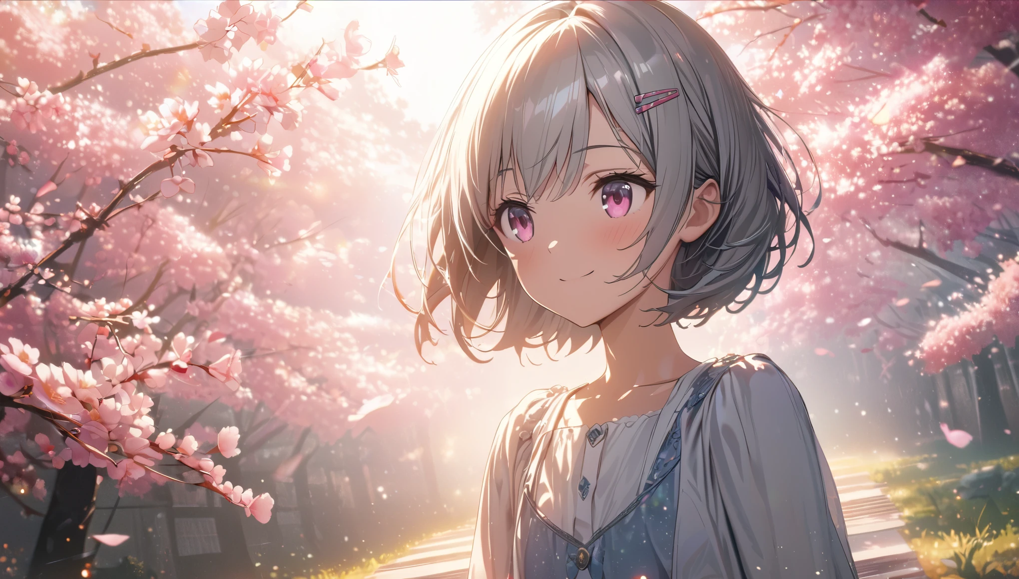 one girl, silver short hair and bob hair、I tied my hair in a bun with a hair clip..、beautiful pink eyes、smile、gentle smile on her face、flat chest, one Beautiful girl,((masterpiece, illustration, best quality) ((ultra-detailed))\Sunny day, standing under the cherry blossoms, 濃い青とBeautiful Blueのグラデーション, High resolution, 8K HD detail, hyper-detail, cinematic, surrealism, soft light, deep field focus bokeh, ray tracing and surrealism. --v6