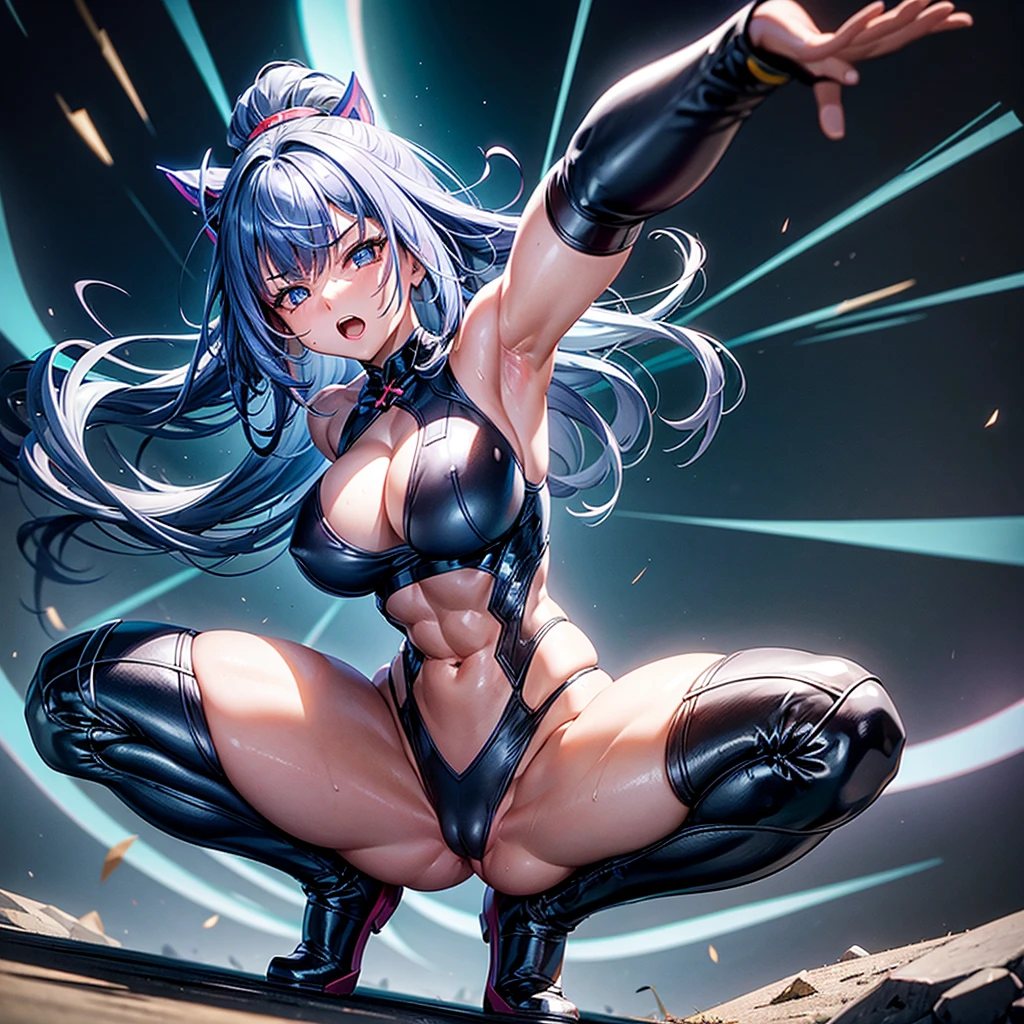 one girl, Raiden Genshin Impact , inflated, pumped up arms, pumped up legs, pumped up abs, very large breasts, very big ass,very protruding vagina, very wet vagina, Very excited,wants sex very much, very flushed,very strong embarrassment, in an open , visibly life , Squatting, front view, empty background, spreads her legs, masterpiece, Best quality, looks at the caretaker with embarrassment