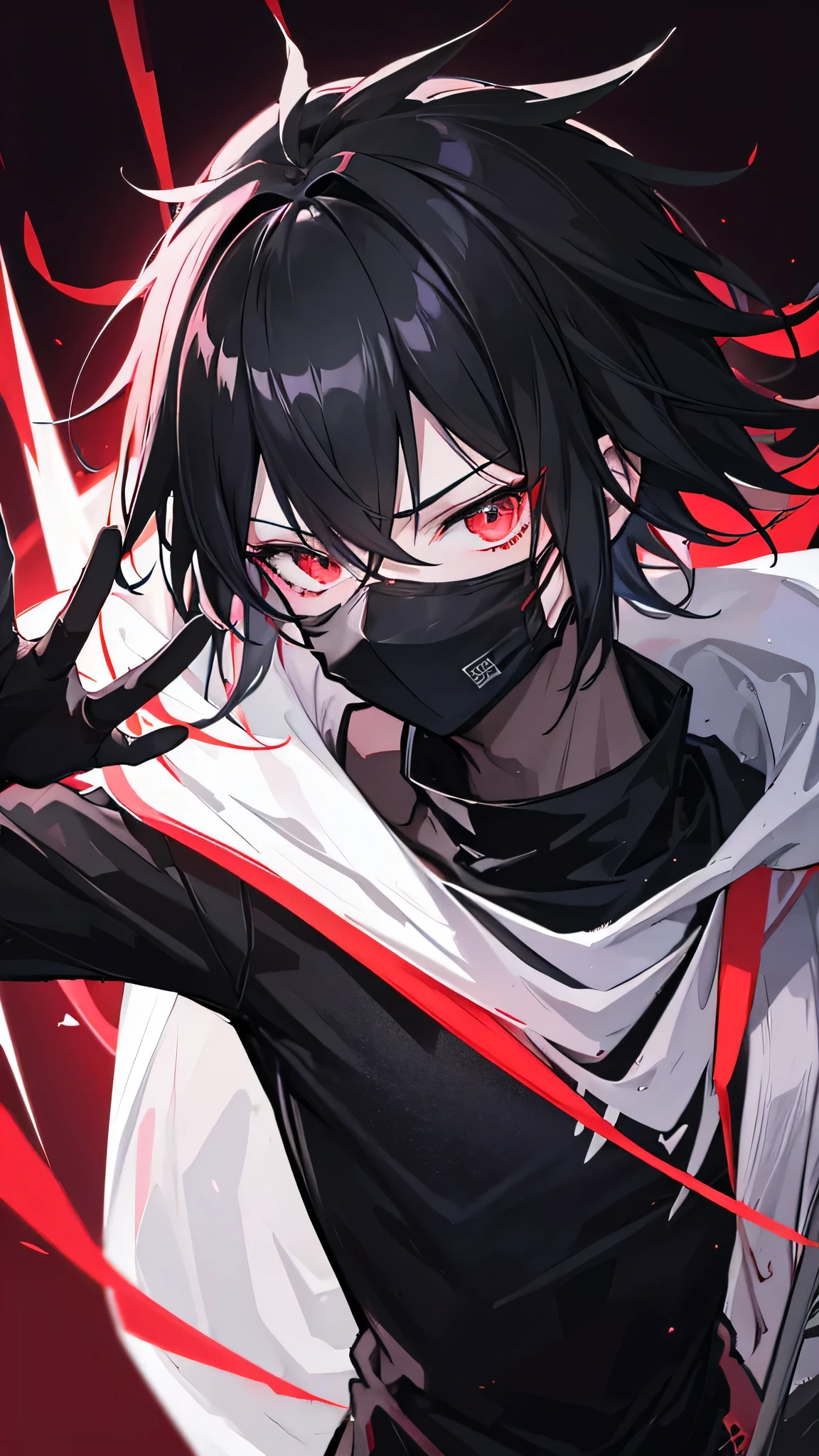 Generate a 2d Anime boy character in dark and red them with dark room in gaming lighting with awesome glow effect wearing a black body and black mask The Mask have unique design 