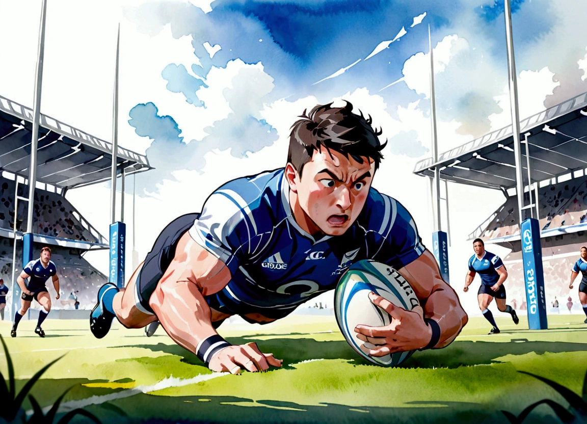 Illustration of a rugby match try scene. Focus on a single rugby player diving over the try line with the ball in hand. Emphasize the player's speed and strength. Capture intense expressions on the player's face, detailed muscle movement, and creases in the uniform. Use lighting to emphasize the focal point and add shadows for depth. Show the grass texture of the field and include goal posts in the distance for context.