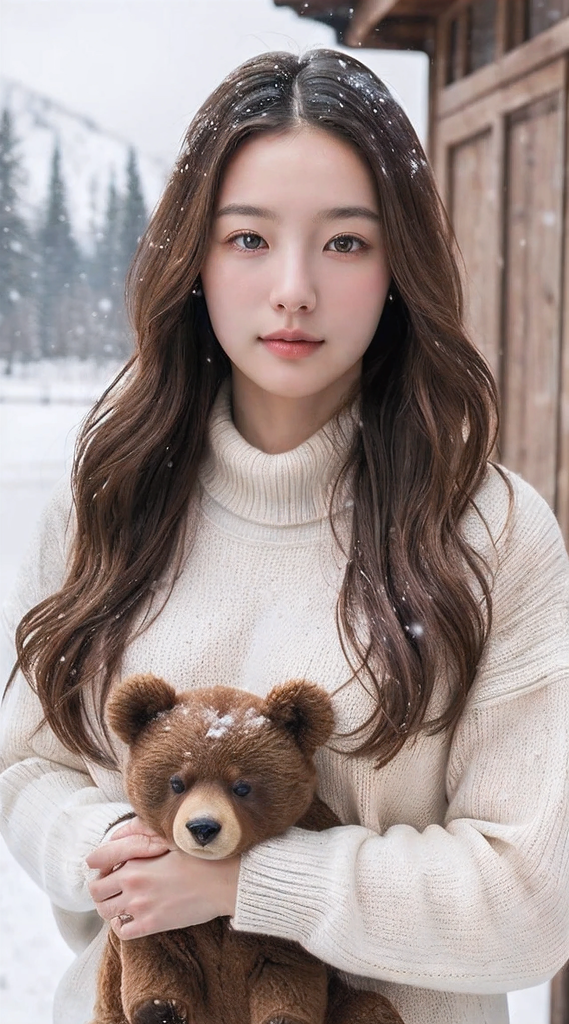 (masterpiece:1.35),(best-quality:1.4),8k,ultra-detailed,photography,(ultra-realistic:1.4), adult girl, long hair, sweater, snowing background, while holding BEAR BRAND milk