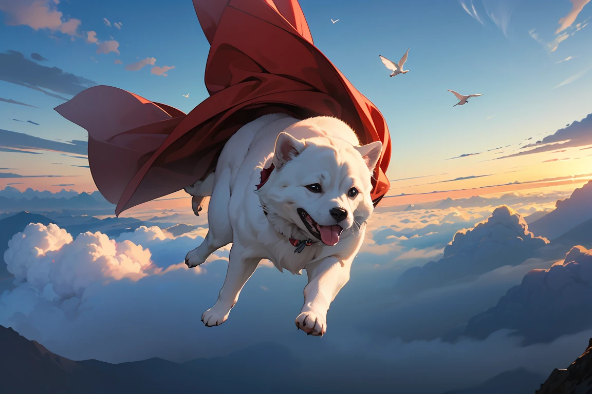 ((masterpiece, Top quality, high resolution)), ((Highly detailed CG unified 8k wallpaper)), A puppy flying above the clouds,Red cape fluttering,