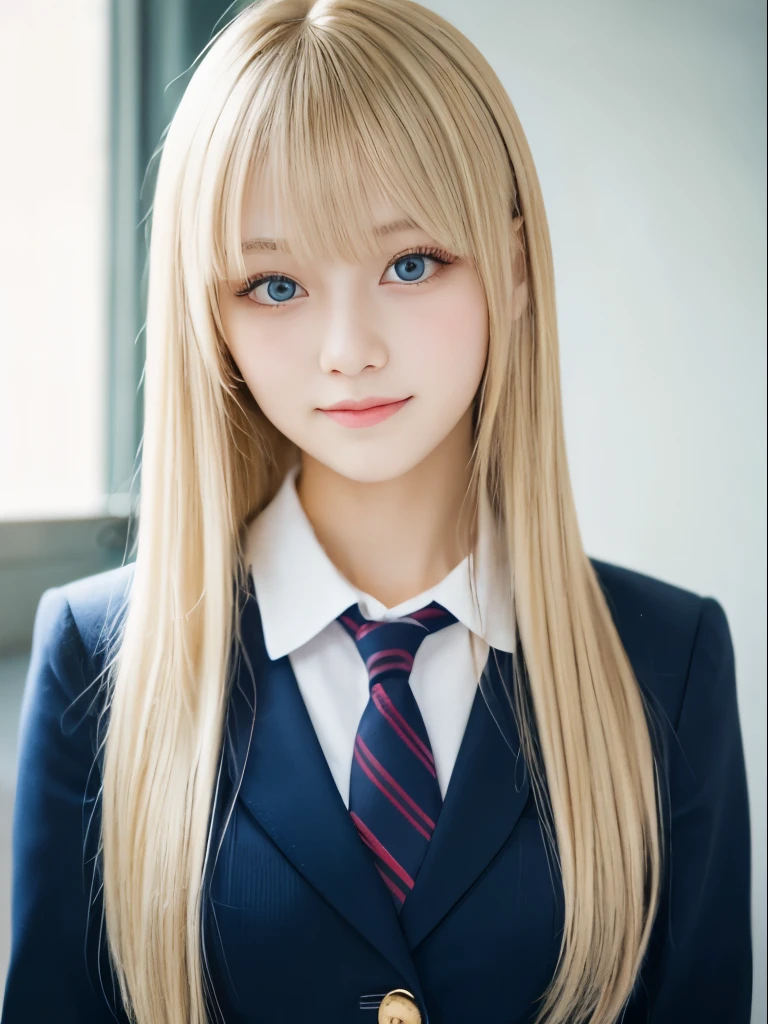 Portrait、School uniforms、Bright expression、Younger, brighter, whiter skin、Best Looks、Blonde reflection、Platinum blonde hair with dazzling highlights、Shiny bright hair,、Super long, silky straight hair、Shiny beautiful bangs、Sparkling, clear, attractive big blue eyes、A very beautiful, lovely and cute 16 year old girl、Ample breasts、