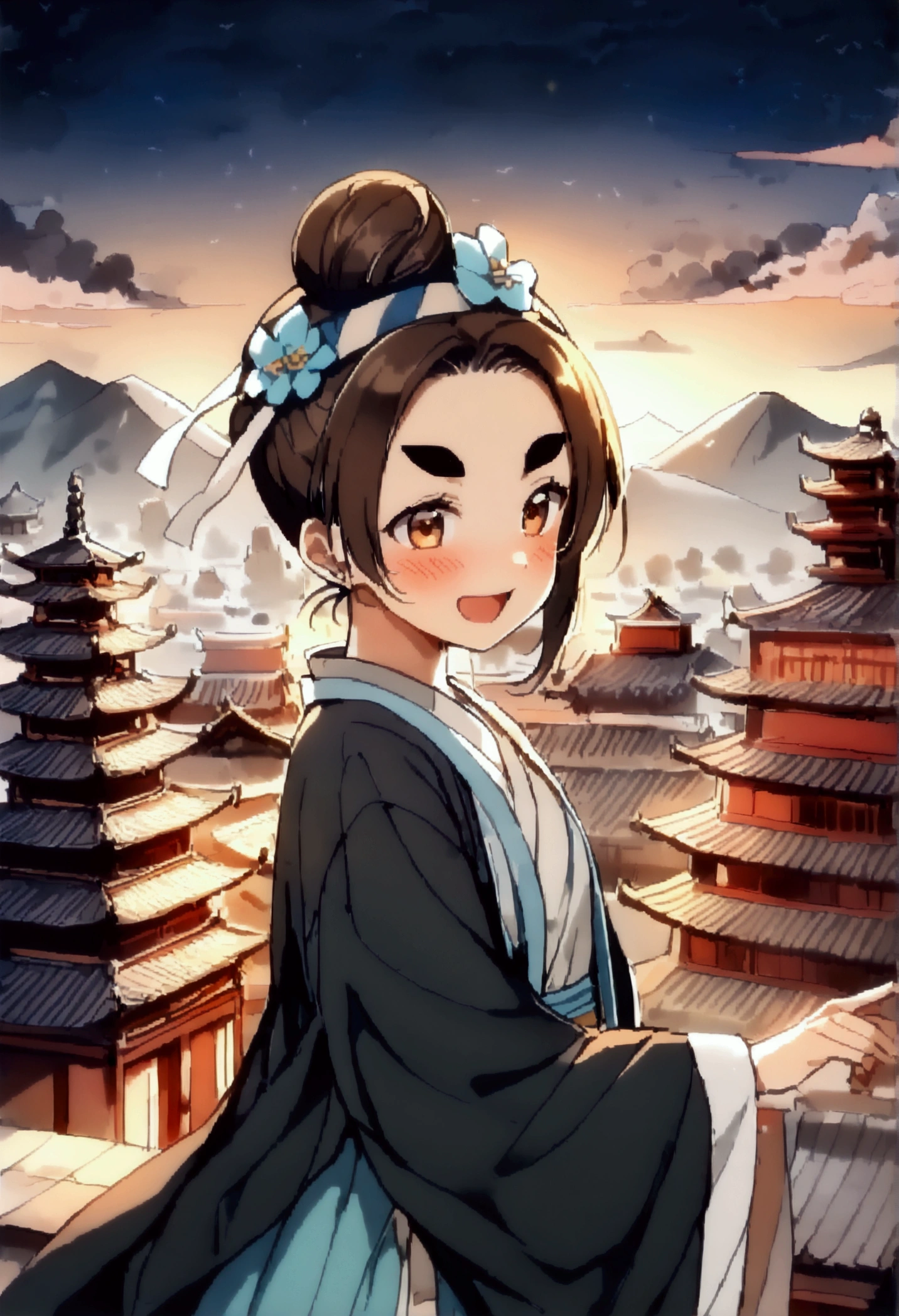 kpop idol: 1.2, mix 4, 1 Korean woman, 14 years old, (bright eyebrows: 1.4), radiant brown eyes, bun head, I tied two headbands together., The ancient city, Chinese temples, High Mountains, beautiful detailed sky, distance (crowd:1.2), night, (blush), Hanfu, happy, laugh