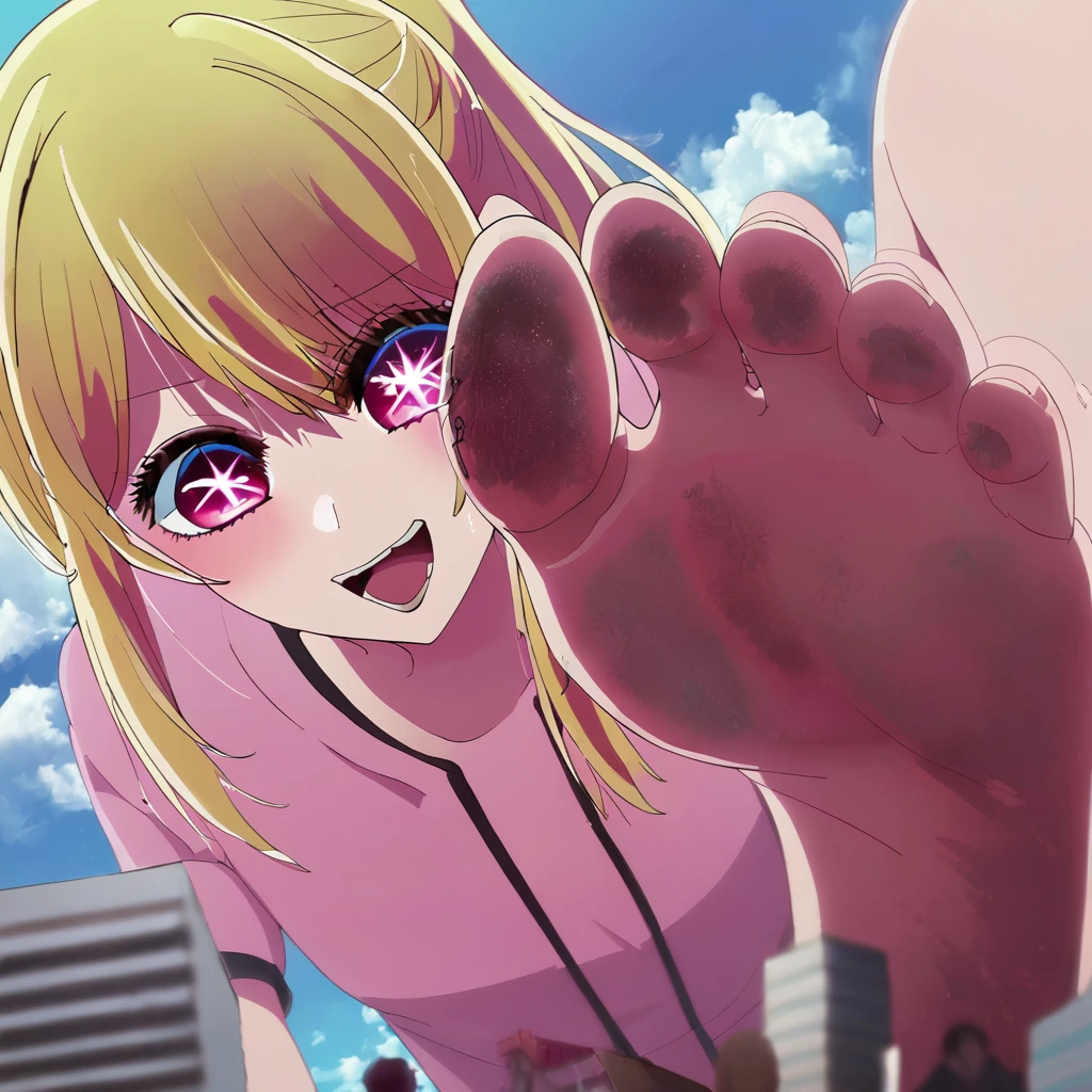 1 girl, oshi no ko, ruby hoshino, stepping, stepped on, pov, angle from above, no shoes, feet, looking down, toes, one foot out of frame, leg lift, foot focus, barefoot, standing on one leg, depth of field, outdoors,( foreshortening:1.2), facial blur, blurry face, building, sky, cloud, giantess, mega size, masterpiece, best quality, absurdres, ultra detailed, laughing, blonde, evil sadistic yandere glare, 6 pointed star pupil on right eye, five toes, detailed star pupil, full body shown, stinky feet, extremely dirty feet, detailed dirty feet, detailed full body, crushing the city with bare foot, city, a panel of her laughing at the side, 5 toes only, high quality, not out of frame, detailed eyes, the shape of a perfect foot, the shape of perfect legs, perfect body shape, 5 fingers, comic, detailed comic, detailed mouth, perfect eyes, perfect eyebrows, five tiny people stuck on her feet, five tiny people tied to her feet, city being destroyed, detailed city, high resolution, detailed tiny people