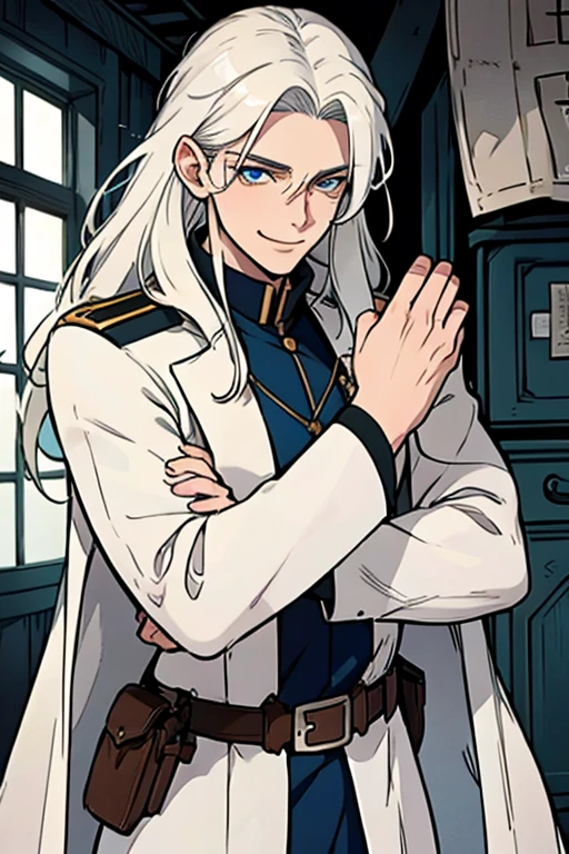 Perfect face. Perfect hands. A young white haired man with blue eyes and long hair in a white sheriff's uniform is exploring an outlaw's hideout with a big smile