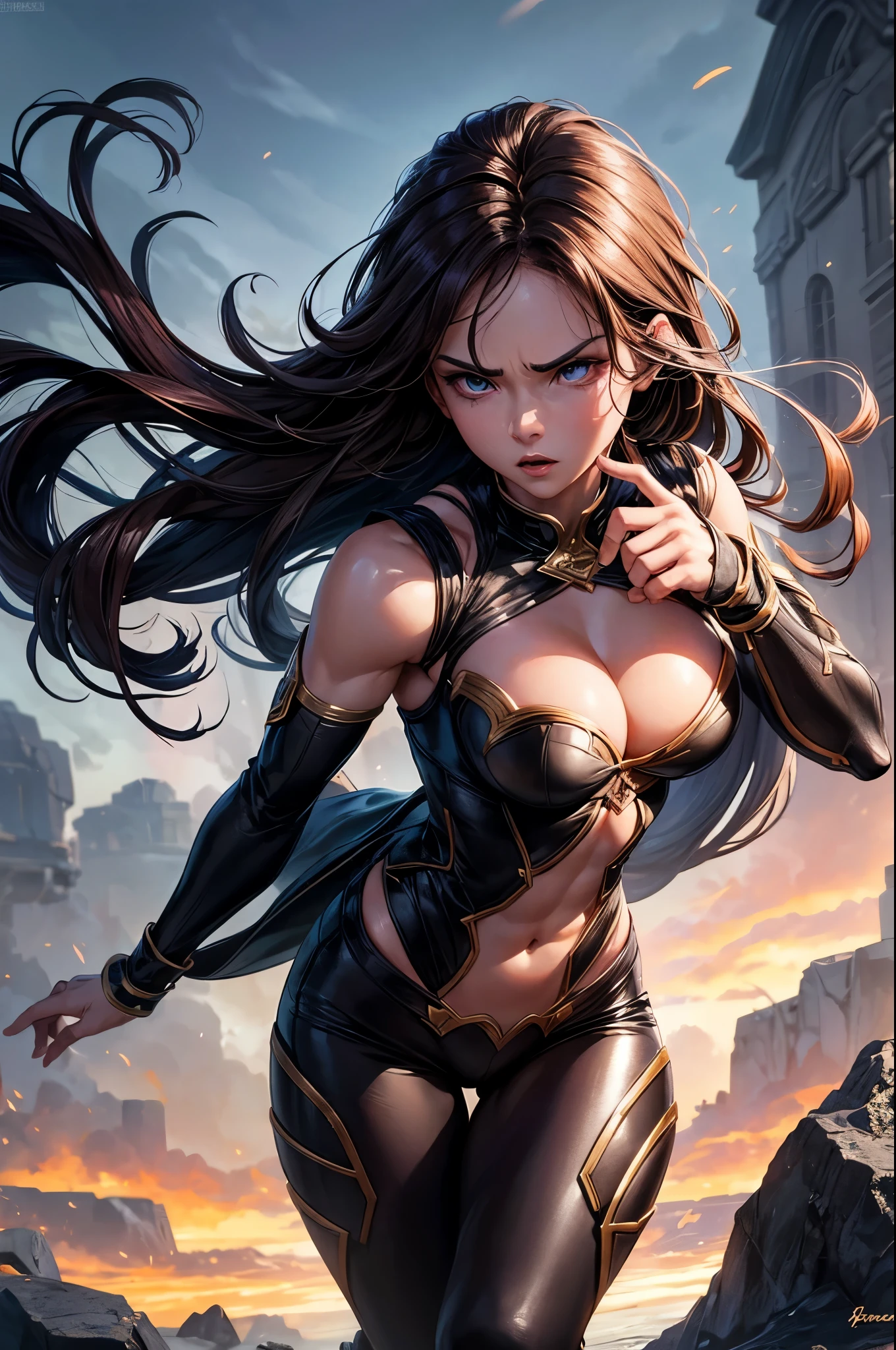 8k,Brown-haired ethnic female demon slayer,Super Beauty(Like the real thing),Sexy Demon Slayer Costumes,Toned Up, Muscular body,Perfect Anatomy,charm,Volume measurement,Body balance,Digital single-lens reflex camera, Soft lighting, Detailed Background, Written boundary depth, Volumetric lighting, Sharp focus,  Realistic proportions, Excellent anatomy, (Realistic, 超Realistic:1.4),  dawn,Ultra-high resolution,super beautiful expression,Fantasy art,Character Art,Wind effects:1.9、Cloud Effect:1.2、Full Rendering、Professional quality high resolution、Perfect contrast、Perfect lighting、Perfect composition、Perfect Fingers、Perfect breasts、Perfect Hair、Perfect Face、Realistic facial features,Highest quality,Slim figure,Perfect body line,Perfect hand shape,Anatomical Body Balance,Highly detailed face,Highly detailed eyes,Beautiful Lips,Excellent light particles,Cinema Lighting,compensate,Ultra-Realistic Skin,Muscle Body,Hard and strong abdominal muscles,Combat trousers,Battle Costume,Angry expression,Ready for battle,Releases energy,Black leather coat,Muscular Beauty,Dynamic fighting pose,Uplifting,
