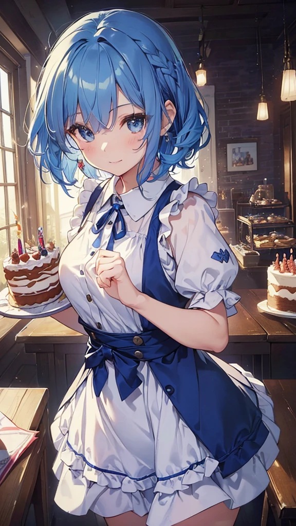 、((have a big birthday cake))、waitress、(1 girl),table top, highest quality, High resolution, masterpiece、Front facing、Close-up、Clerks in a cake shop(beautiful eyes、drawn in detail、face to detail、masterpiece side light、masterpiece、highest quality、detailed、High resolutionのイラスト),delicate makeup, (Close-up:1.2)、throw、soft focus ground bokeh、smile, break(Highest quality illustration:1.2), (pretty girl:1.1),(Highest quality illustration:1.2), (pretty girl:1.1), (1 girl:1.5, solo:1.5)、 (1 girl、18-year-old、one pose、Mature、Medium chest:1.5、super detailed eyes:1.2)、(beautiful breasts)、((blue hair:1.5))、(short hair)、(((short bob hair)))、thin waist、small ass、、超High resolution、detailed arm:1.2),break is very detailed, Complex, table top, absurd、 ((smooth texture:0.75, realistic texture:0.5, Anime CG style)),
