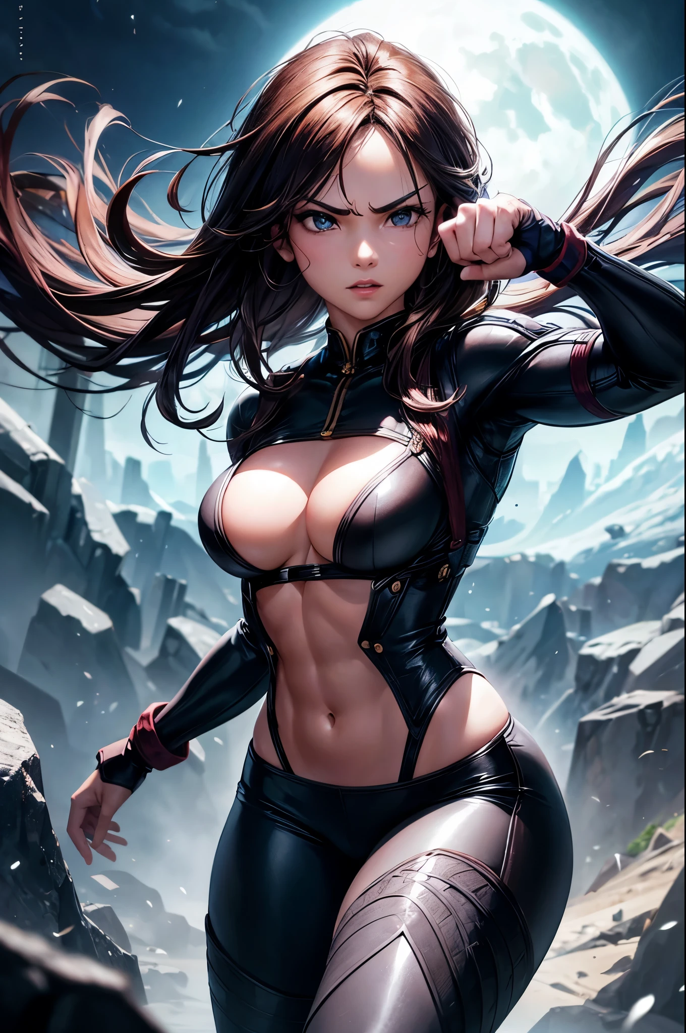8k,Brown-haired ethnic female demon slayer,Super Beauty(Like the real thing),Sexy Demon Slayer Costumes,Toned Up, Muscular body,Perfect Anatomy,charm,Volume measurement,Body balance,Digital single-lens reflex camera, Soft lighting, Detailed Background, Written boundary depth, Volumetric lighting, Sharp focus,  Realistic proportions, Excellent anatomy, (Realistic, 超Realistic:1.4),  dawn,Ultra-high resolution,super beautiful expression,Fantasy art,Character Art,Wind effects:1.9、Cloud Effect:1.2、Full Rendering、Professional quality high resolution、Perfect contrast、Perfect lighting、Perfect composition、Perfect Fingers、Perfect breasts、Perfect Hair、Perfect Face、Realistic facial features,Highest quality,Slim figure,Perfect body line,Perfect hand shape,Anatomical Body Balance,Highly detailed face,Highly detailed eyes,Beautiful Lips,Excellent light particles,Cinema Lighting,compensate,Ultra-Realistic Skin,Muscle Body,Hard and strong abdominal muscles,Combat trousers,Battle Costume,Angry expression,Ready for battle,Releases energy,Black leather coat,Muscular Beauty,Dynamic fighting pose,Uplifting,