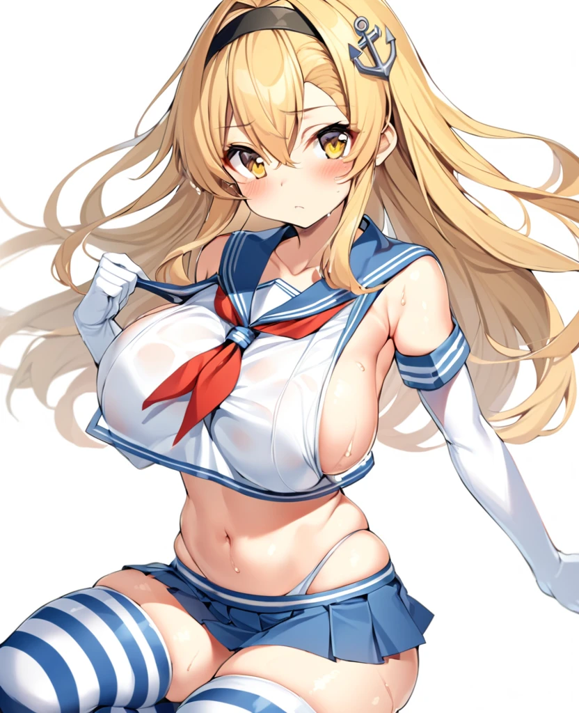 rensouhou-chan, shimakaze (kancolle), 1girl, solo, long hair, breasts, looking at viewer, blush, skirt, blonde hair, large breasts, simple background, hair ornament, thighhighs, gloves, white background, navel, hair between eyes, closed mouth, underwear, , collarbone, yellow eyes, pleated skirt, hairband, serafuku, sleeveless, elbow gloves, striped, white gloves, miniskirt, sailor collar, blue skirt, crop top, wet, neckerchief, sideboob, skindentation, highleg, black hairband, blue sailor collar, striped thighhighs, alternate breast size, microskirt, black neckerchief, anchor hair ornament