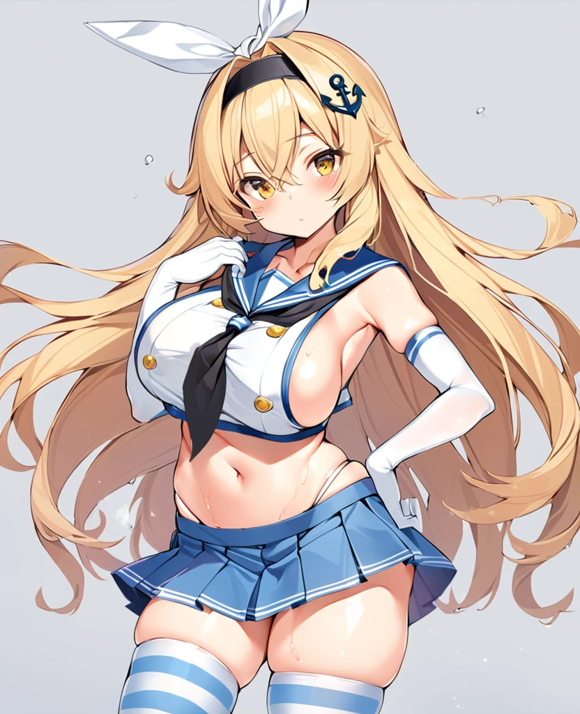 rensouhou-chan, shimakaze (kancolle), 1girl, solo, long hair, breasts, looking at viewer, blush, skirt, blonde hair, large breasts, simple background, hair ornament, thighhighs, gloves, white background, navel, hair between eyes, closed mouth, underwear, , collarbone, yellow eyes, pleated skirt, hairband, serafuku, sleeveless, elbow gloves, striped, white gloves, miniskirt, sailor collar, blue skirt, crop top, wet, neckerchief, sideboob, skindentation, highleg, black hairband, blue sailor collar, striped thighhighs, alternate breast size, microskirt, black neckerchief, anchor hair ornament