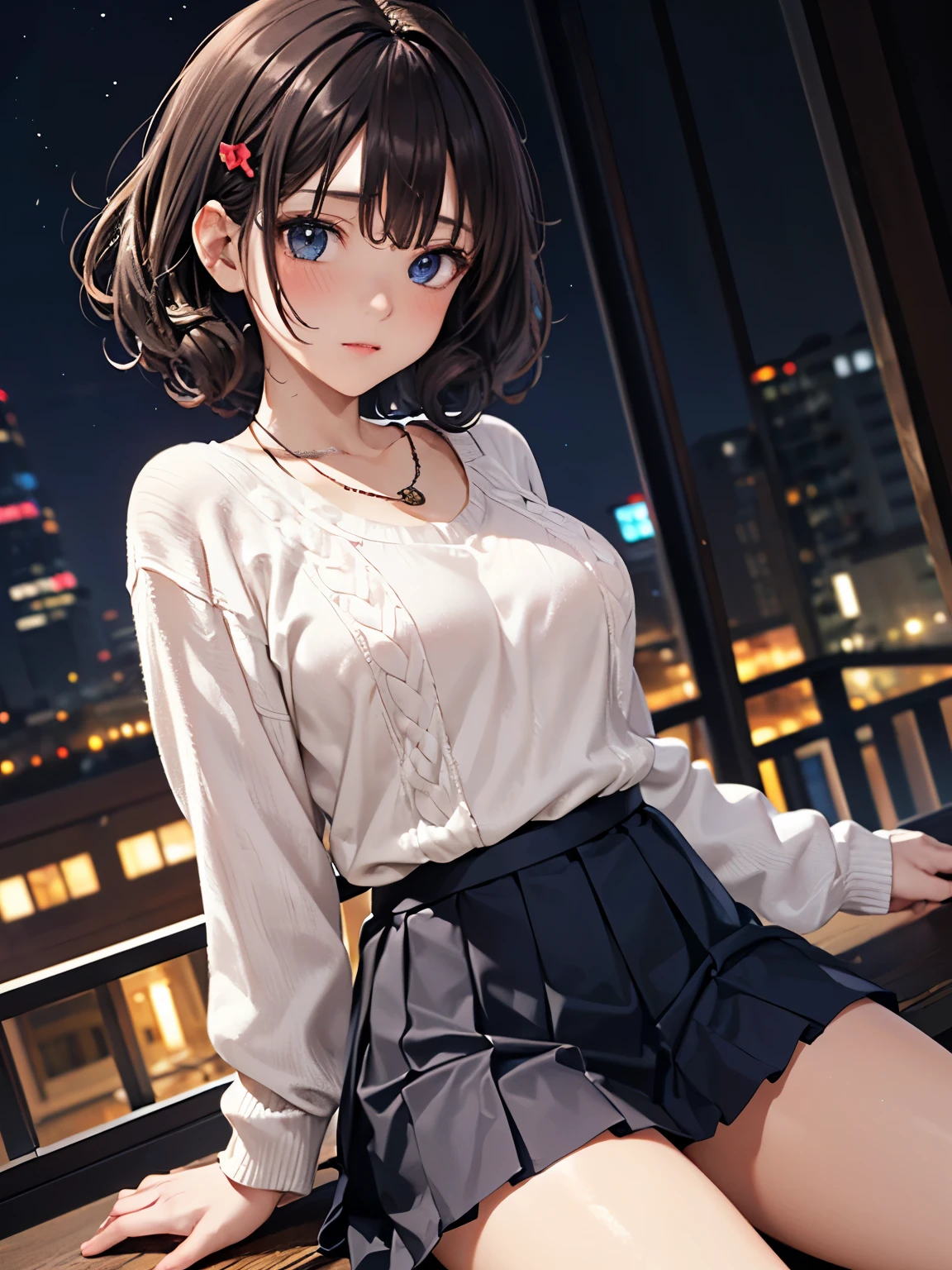 ((masterpiece, Highest quality, High resolution,4K)), One girl, single, alone, Beautiful Anime Girls, Anime characters, 24-years-old, I could see the whole body,((Wave shorthair、Blue ash glossy hair,Curly Hair:1.4, hairpin)), ((Detailed face, blush:1.2)), ((Detailed eyes, Anime Eyes Style, Beautiful Eyes, Gray Eyes:1.8, Glitter effect)), ((Smooth texture:0.75, Realistic texture:0.65, Realistic:1.1, Anime CG style)), Dynamic Angle, Big Breasts, valley、Perfect body, ((close, throw, cute, Hand in hand)), ((Casual clothing, White sweater, race、Short pleated skirt, bra、I can see your attractive thighs)), Outdoor Background, Absurd background, Bokeh:1.1, ((night, night lights)), Urban construction, ((Minimalist Necklace, One red baguette bag))、I can see your pants、Raise your legs