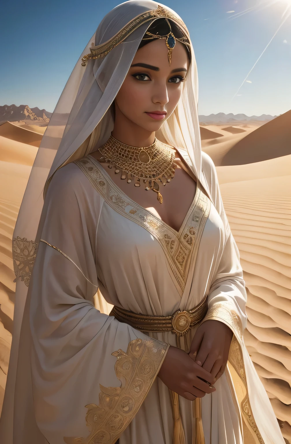 Elegant and charming image, Powerful and mysterious Arab woman, Her flowing hair fluttered in the flowing desert breeze. She wields a gorgeous bow, Decorated with intricate decorations and ornate designs. sunrays casting long shadows, Highlight the delicate beauty of women，Evoke a sense of mystery and connection. The shallow depth of field isolates women from the desert environment, Emphasize the strong connection between the two. Shallow depth of field, Soft lighting, portrait lens