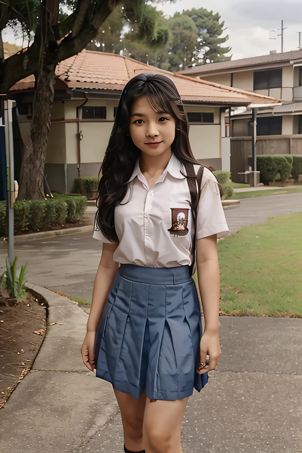 Arafed asian woman in a skirt and shirt standing on a sidewalk - SeaArt AI