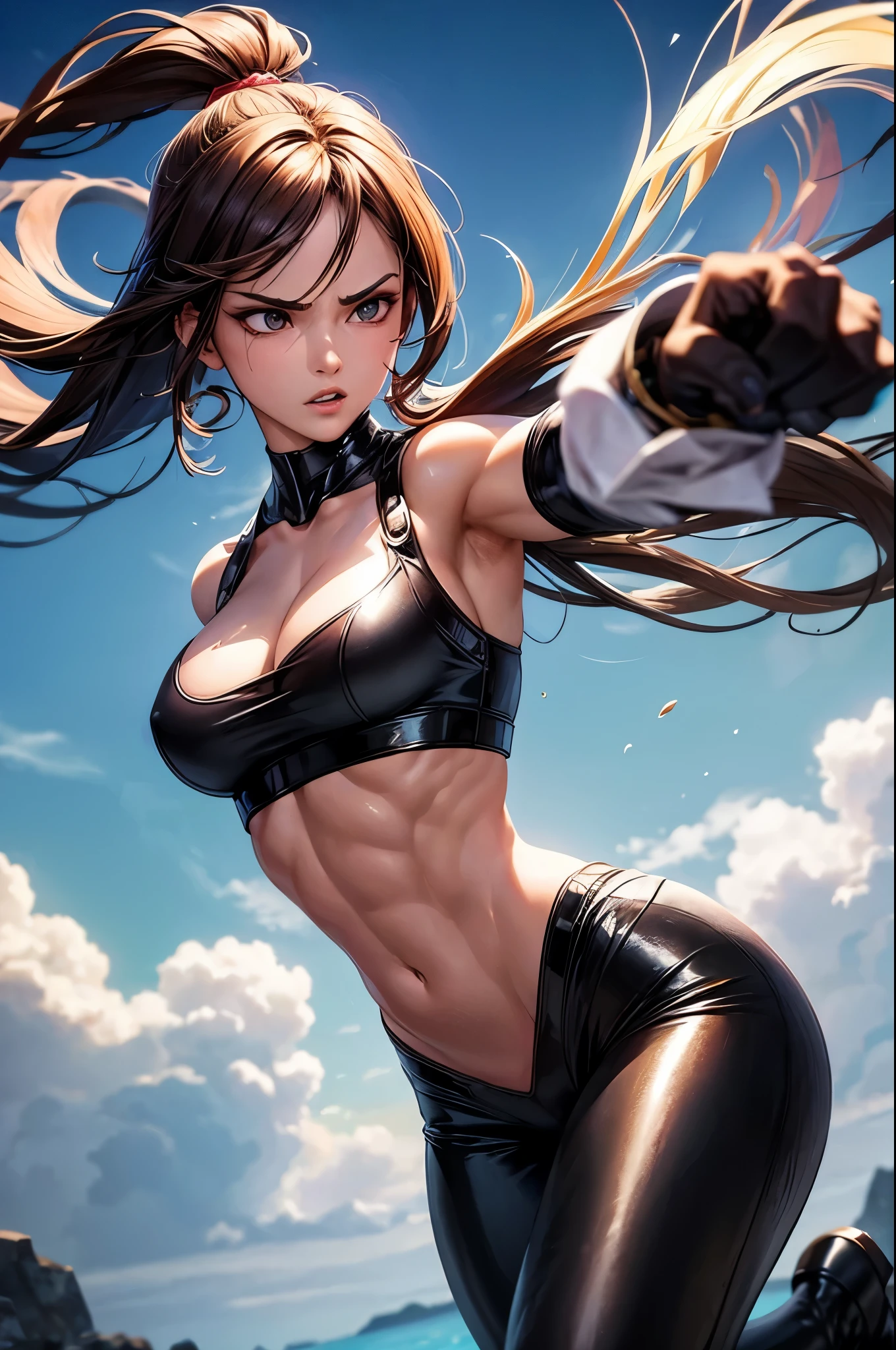8k,Brown-haired ethnic female demon slayer,Super Beauty(Like the real thing),Sexy Demon Slayer Costumes,Toned Up, Muscular body,Perfect Anatomy,charm,Volume measurement,Body balance,Digital single-lens reflex camera, Soft lighting, Detailed Background, Written boundary depth, Volumetric lighting, Sharp focus,  Realistic proportions, Excellent anatomy, (Realistic, 超Realistic:1.4),  dawn,Ultra-high resolution,super beautiful expression,Fantasy art,Character Art,Wind effects:1.9、Cloud Effect:1.2、Full Rendering、Professional quality high resolution、Perfect contrast、Perfect lighting、Perfect composition、Perfect Fingers、Perfect breasts、Perfect Hair、Perfect Face、Realistic facial features,Highest quality,Slim figure,Perfect body line,Perfect hand shape,Anatomical Body Balance,Highly detailed face,Highly detailed eyes,Beautiful Lips,Excellent light particles,Cinema Lighting,compensate,Ultra-Realistic Skin,Muscle Body,Hard and strong abdominal muscles,Combat trousers,Battle Costume,Angry expression,Ready for battle,Releases energy,Black leather coat,Muscular Beauty,Dynamic fighting pose,Uplifting,