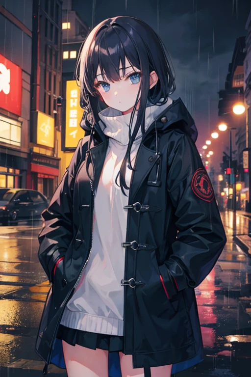 1girl,night city,rain,coat,hands in pockets
