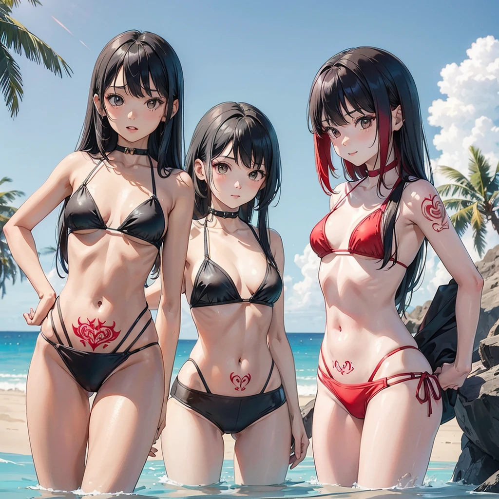 a group of cute young girls in bikinis, young body, small breasts, slim body, tattoos, gray hair, red hair, black hair, long hair, sexy