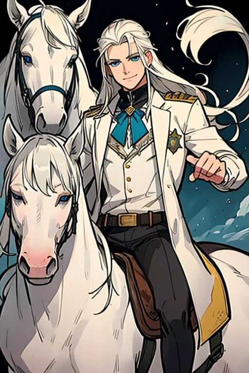 Perfect face. Perfect hands. A young white haired man with blue eyes and long hair in a white sheriff's uniform is riding a horse into a wild west town with a big smile