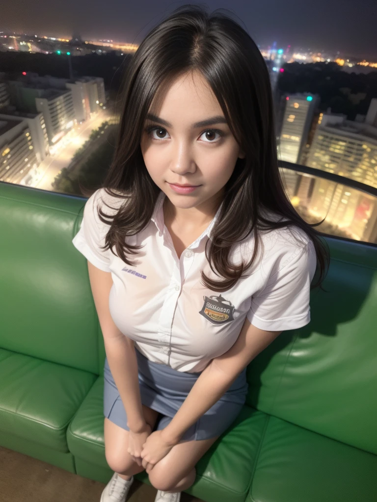 1girl, (uniform), sits with her legs pressed to her chest, detailed night view of Metropolitan city at the background, detailed face, detailed eyes, brunette, big breasts, smooth realistic skin, semi-curvy body, white shirt, grey blue hot miniskirt , looking at the audience, Full body shot, camera from above, (zoom out:1.3), (overhead view:1.35), (8k, RAW photo, best quality, masterpiece: 1.2), (realistic, realistic: 1.37), ultra-high resolution