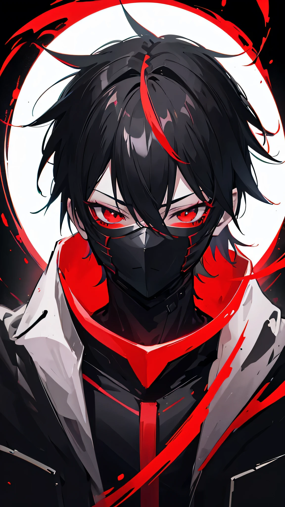 Generate a 2d Anime boy character in dark and red them with dark room in gaming lighting with awesome glow effect wearing a black body and black mask The Mask have unique design 