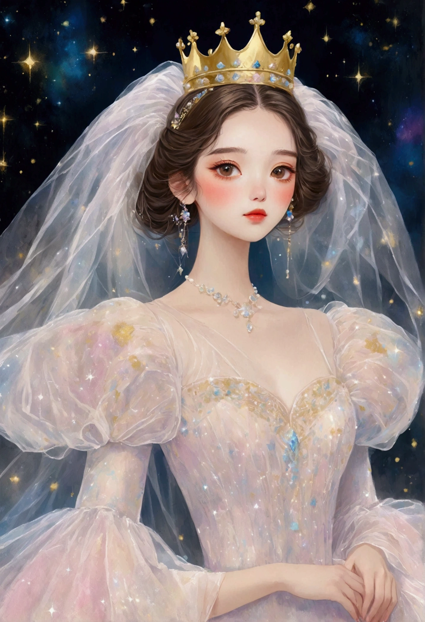 A pastel painting。1 beautiful and elegant girl，Golden crown，veil，Puffy Tulle Dress，Exaggerated sleeves，Fluffy，Fluffy白色薄纱，dreamy starry dark background