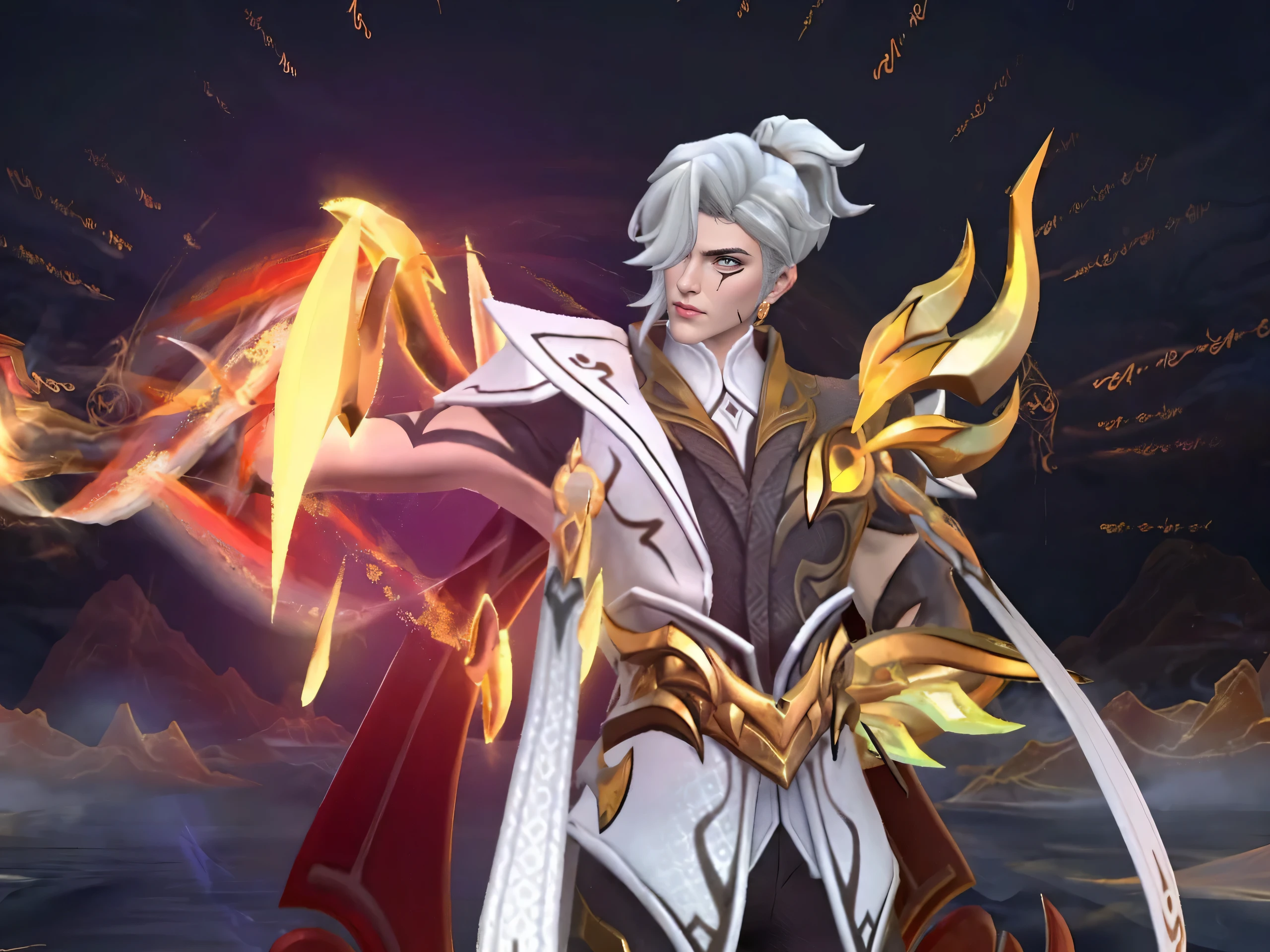 masterpiece, ((perfect eyes)) best quality, (semirealism:1.9), beautiful lighting, (extremely detailed CG unity 4k fhd wallpaper), High Detail, Sharp focus, dramatic outdoors ,1 guy, white! hair, light blue eyes.