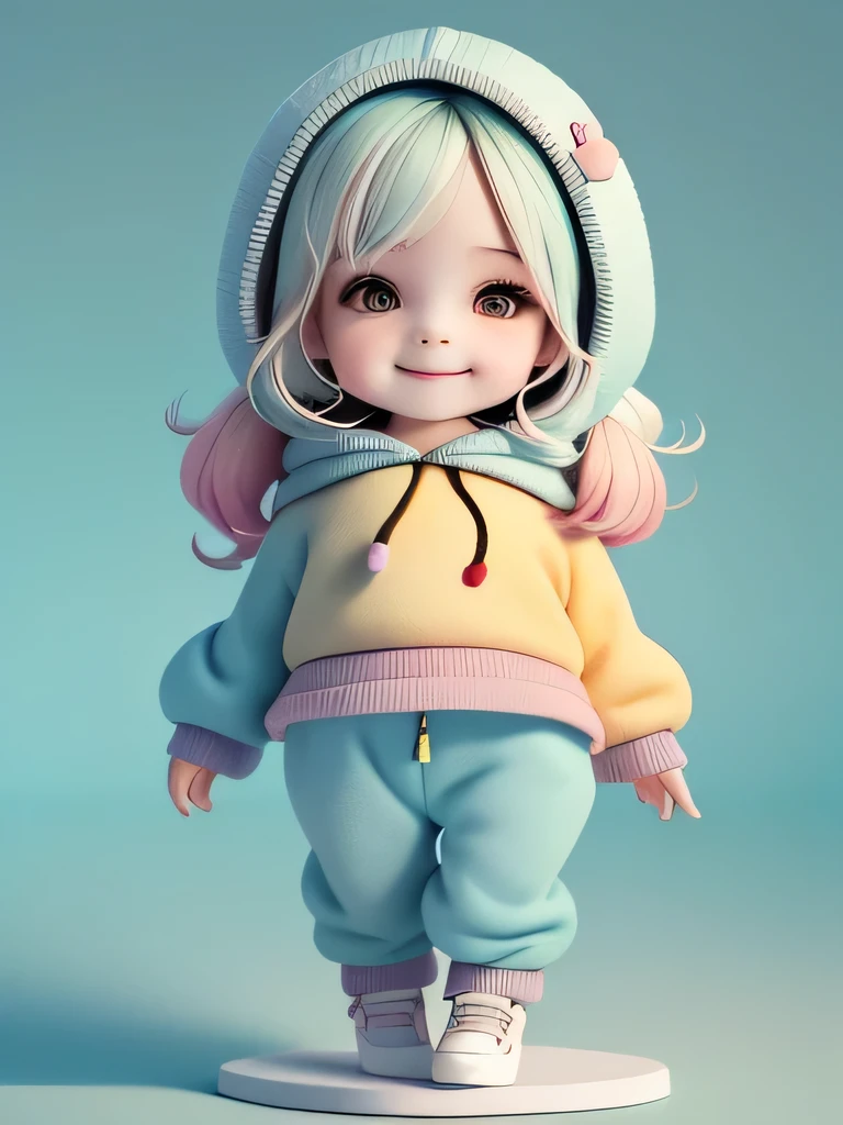 (Masterpiece artwork), (best qualityer), (ultra detali), (fully body: 1.2) baby bonita e fofa, hooded cloak, colorful sweatshirt, Knitted jumpsuits, Pants, jaket, blouse, clear smile, fully body, :3, pastel tone background , colorful and simple.