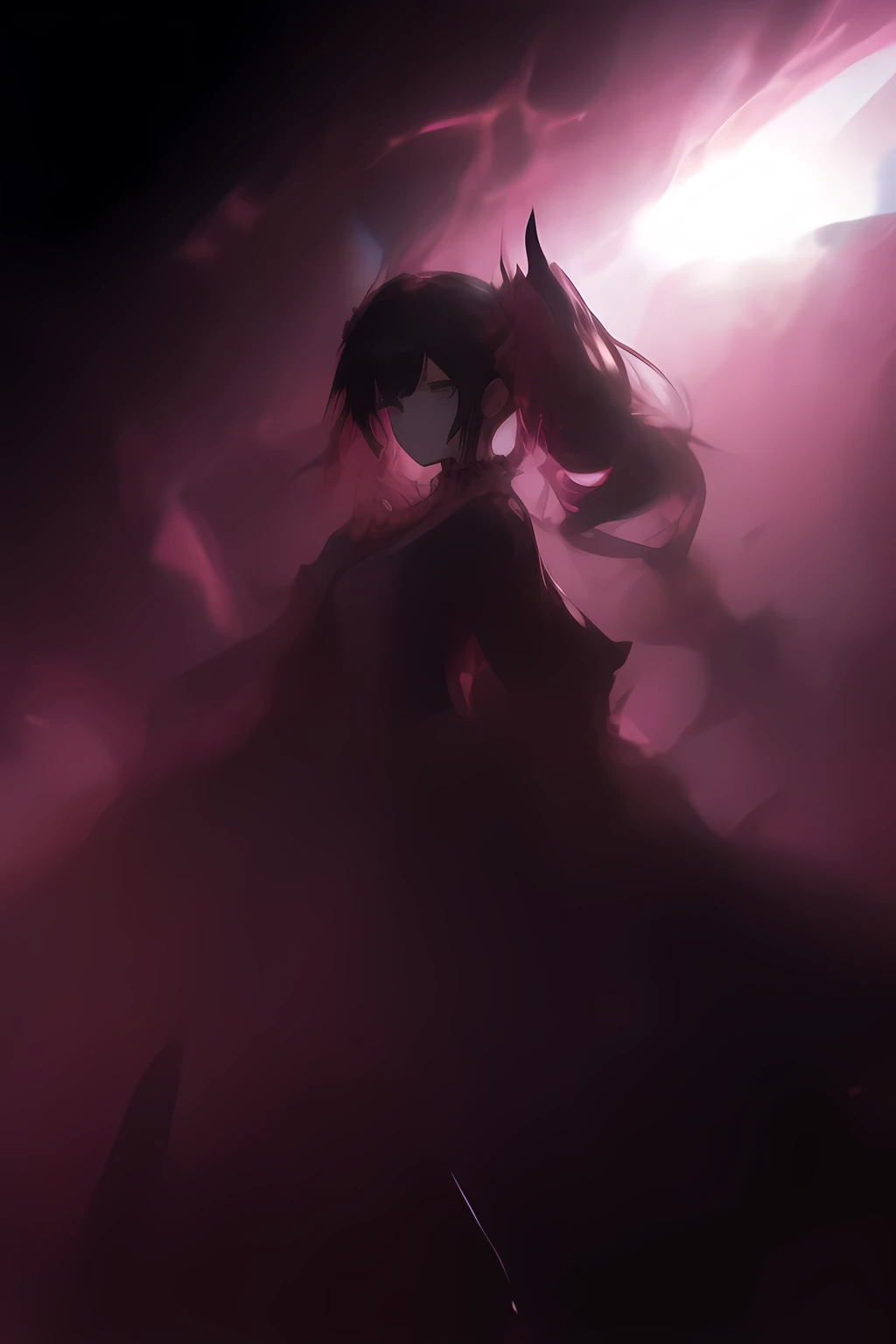 masterpiece, Highest quality, Super detailed, draft、Handwriting、 watercolor、girl, dark Knight, Mecha, anger, Glare, Swordsmanship, Right facing, Twin tails, Black Hair, Brown eyes, puppet, Pale skin, , Plump, Ruffled clothing, ribbon, With sword, gradient pink background, along with the meteor shower, Castle, At night, Gothic atmosphere, 3D Rendering, Full Body Shot, from the front, From above, Wide Shot, Three-part method, darkness, Shine, pink, Saturated colors