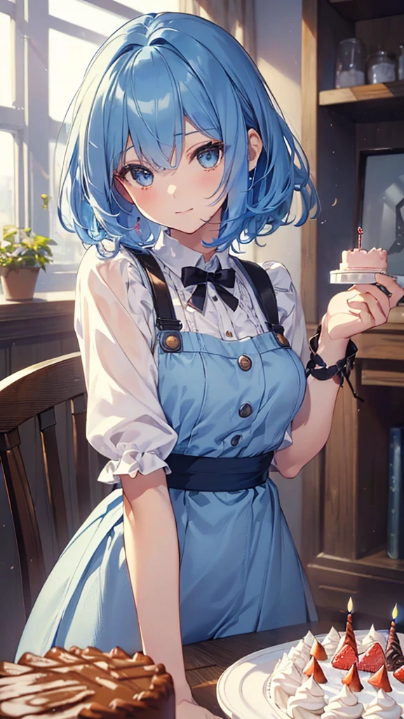 (((Masterpiece)))), (((Best Quality))), Hi-Res, On Thighs, Sitting, (Cute One Girl))), Solo, White Skin, Small, Eight-headed, (Light Blue Hair), ((Short Hair)), (Straight Bangs)), Beautiful Hair, Blue Eyes, Beautiful Eyes in Detail, (((Tongue)), Red Face, Heart, Summer Clothes, Ruffles, Earrings, Outdoor, Cafe Terrace, Shadow Lighting,