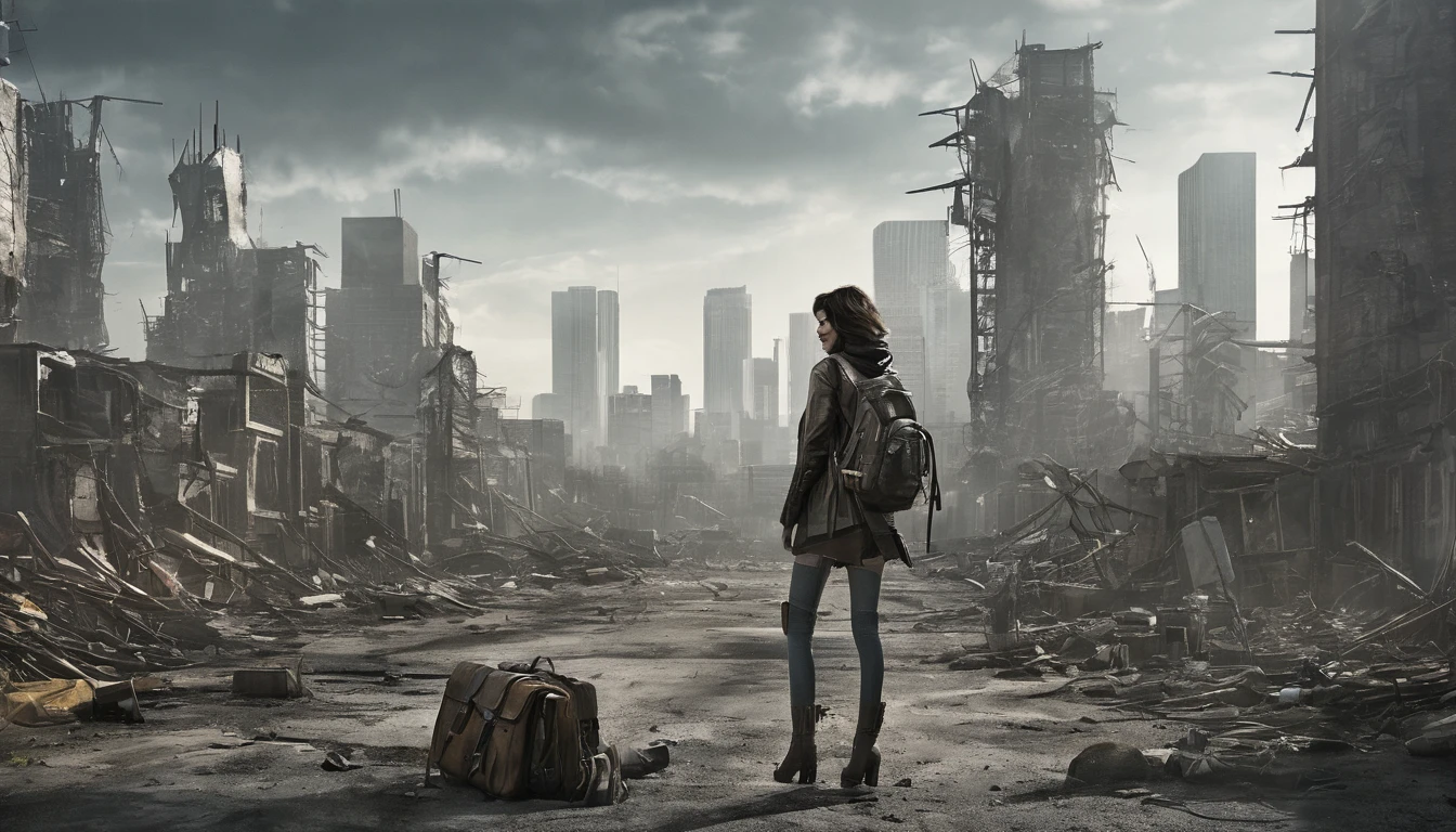 analog style photo, A vast, grey cityscape stretches as far as the eye can see. Towering skyscrapers are skeletal remains, glass shattered and steel twisted. The once bustling metropolis is now a graveyard of concrete and asphalt. LORA, mid-20s, lean and muscular, moves with a silent efficiency through the ruins. She wears tattered remains of scrubs, layered with a worn leather jacket. A backpack, bulging with supplies, is slung over her shoulder. A hunting knife is strapped to her thigh