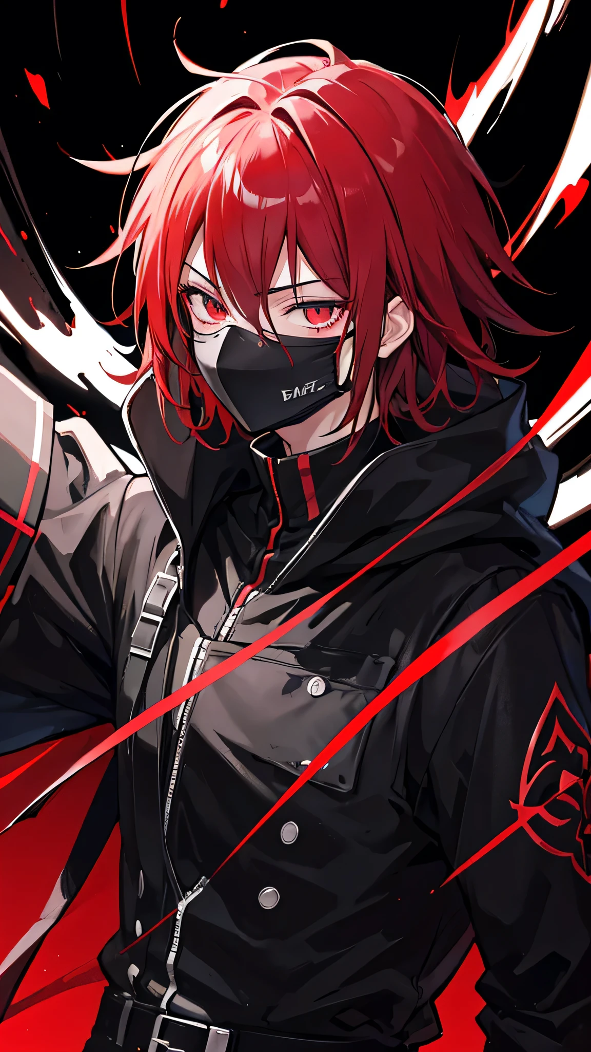 Generate a 2d Anime boy character in dark and red them with dark room in gaming lighting with awesome glow effect wearing a black body and black mask The Mask have unique design 