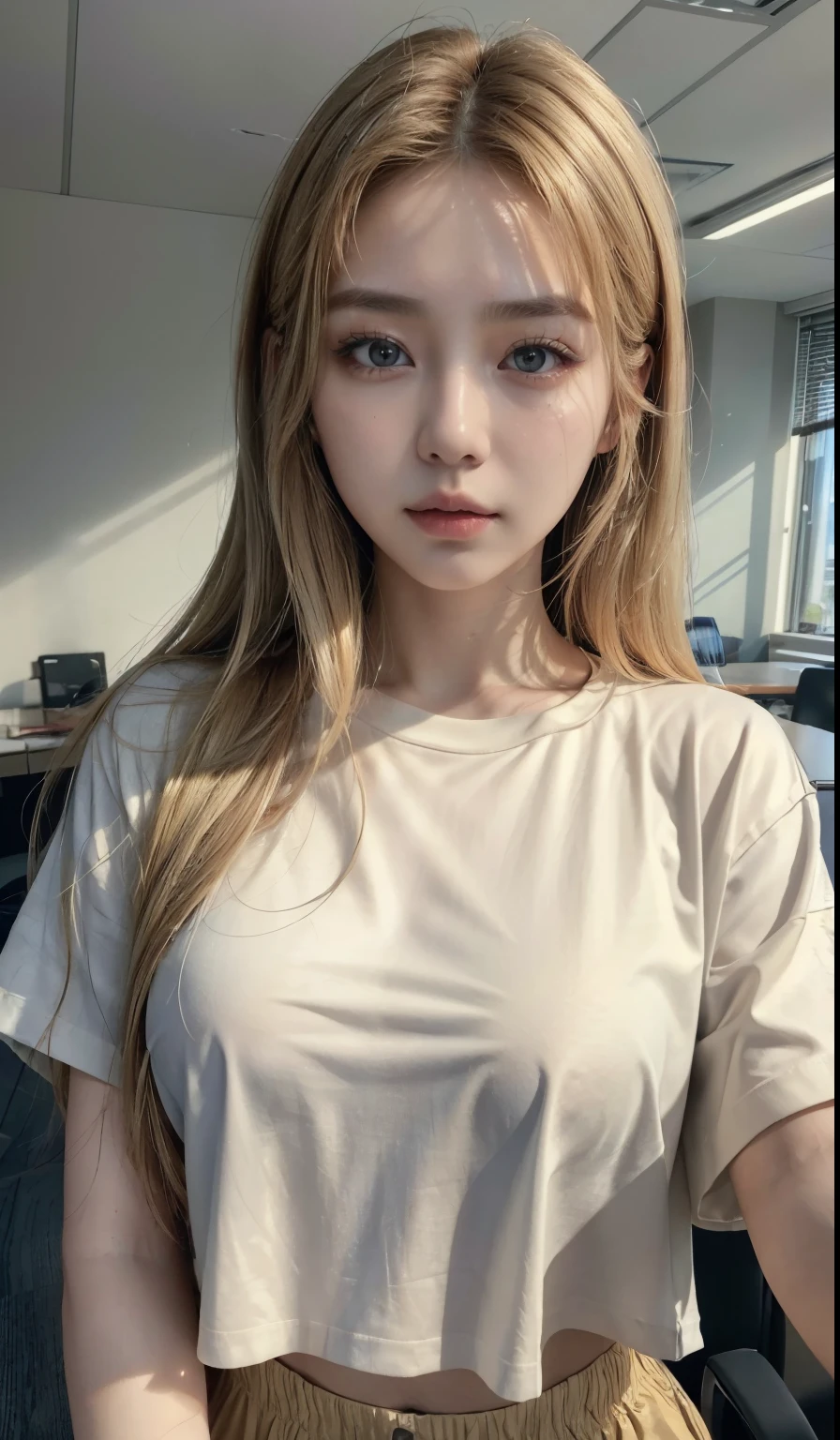 ((best quality, 8k, masterpiece: 1.3)), ((beautiful Korean woman)), 1 woman, small breasts: 1.3, slim figure: 1.1, toned abs, blonde semi-long hair, (office, transparent T-shirt), super detailed face, detailed lips, detailed eyes, double eyelids, realistic photo
