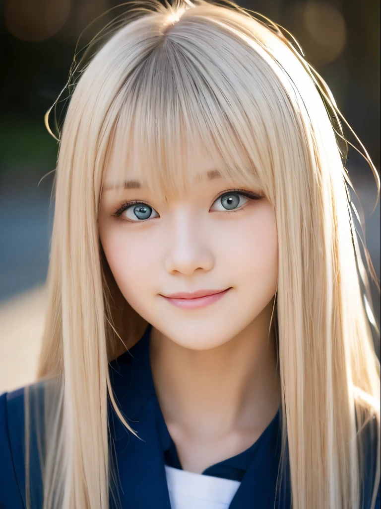 Portrait、School uniforms、Bright expression、Younger, brighter, whiter skin、Best Looks、Blonde reflection、Platinum blonde hair with dazzling highlights、Shiny bright hair,、Super long, silky straight hair、Shiny beautiful bangs、Sparkling, clear, attractive big blue eyes、A very beautiful, lovely and cute 16 year old girl、Ample breasts、