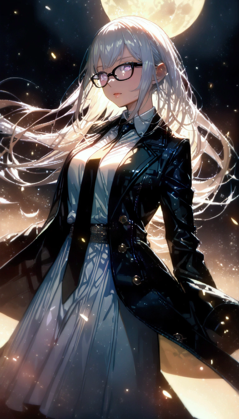 (masterpiece),(best quality), (fantasy:1.4), Surrealism, shadow, Relief, Stereogram, Atmospheric perspective, 8K, Super Detail,A moon, Yellow flowers , Paper_cut, 1 Girl, Solitary, (White hair, Long hair), Perfect hairstyle and glasses, (White shirt, Black tie, Black coat, Open coat), (((Glowing light particles))), Dynamic Angle,