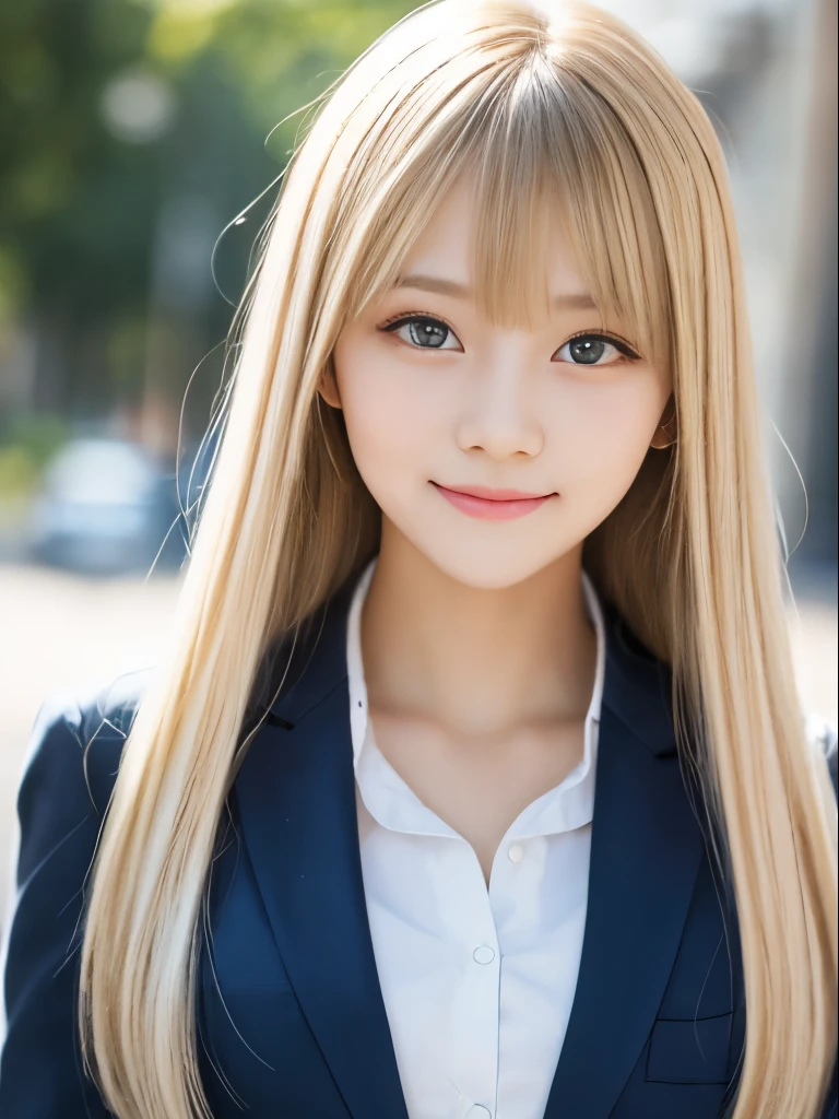 Portrait、School uniforms、Bright expression、Younger, brighter, whiter skin、Best Looks、Blonde reflection、Platinum blonde hair with dazzling highlights、Shiny bright hair,、Super long, silky straight hair、Shiny beautiful bangs、Sparkling, clear, attractive big blue eyes、A very beautiful, lovely and cute  girl、Ample breasts、