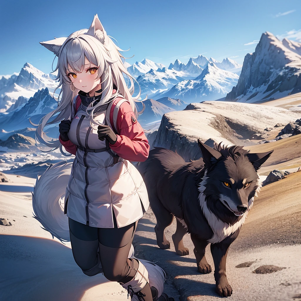 A wolf girl hiking in the mountains 