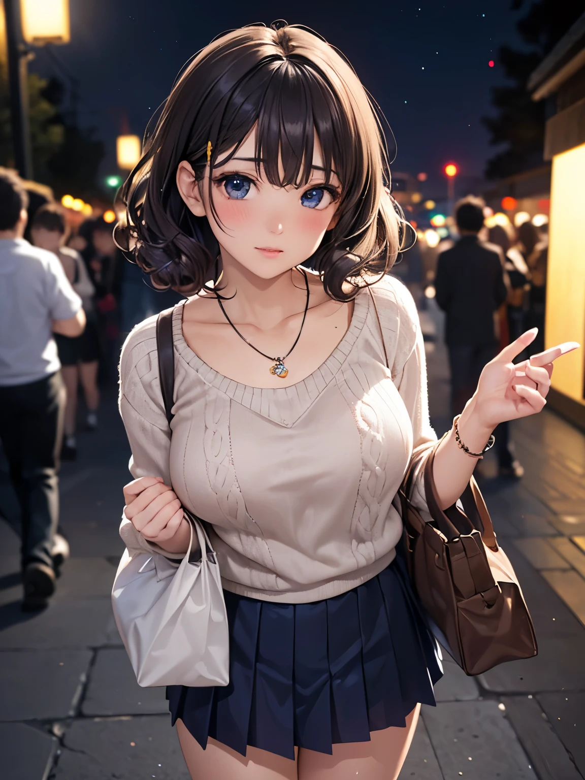 ((masterpiece, Highest quality, High resolution,4K)), One girl, single, alone, Beautiful Anime Girls, Anime characters, 24-years-old, I could see the whole body,((Wave shorthair、Blue ash glossy hair,Curly Hair:1.4, hairpin)), ((Detailed face, blush:1.2)), ((Detailed eyes, Anime Eyes Style, Beautiful Eyes, Gray Eyes:1.8, Glitter effect)), ((Smooth texture:0.75, Realistic texture:0.65, Realistic:1.1, Anime CG style)), Dynamic Angle, Big Breasts, valley、Perfect body, ((close, throw, cute, Hand in hand)), ((Casual clothing, White sweater, Short pleated skirt, bra、I can see your attractive thighs)), Outdoor Background, Absurd background, Bokeh:1.1, ((night, night lights)), crowd, Urban construction, ((Minimalist Necklace, tote bag))