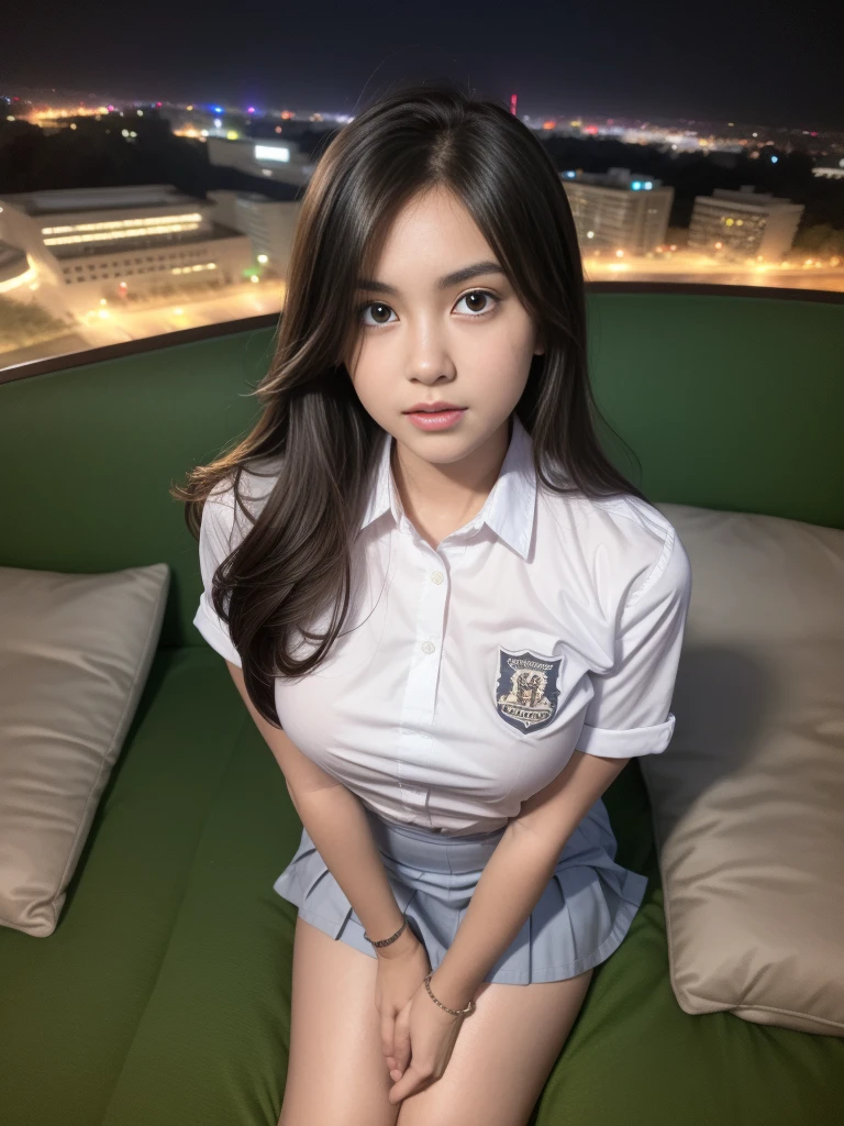 1girl, (uniform), sits with her legs pressed to her chest, detailed night view of Metropolitan city at the background, detailed face, detailed eyes, brunette, big breasts, smooth realistic skin, semi-curvy body, white shirt, grey blue hot miniskirt , looking at the audience, Full body shot, camera from below, (zoom out:1.4), (overhead view:1.4), (8k, RAW photo, best quality, masterpiece: 1.2), (realistic, realistic: 1.37), ultra-high resolution